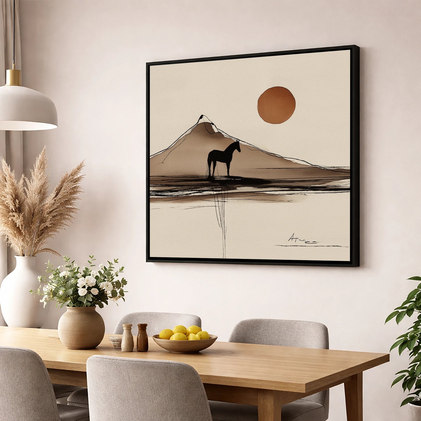 Sepia Mountain Silhouette horse landscape wall art displayed in a dining room