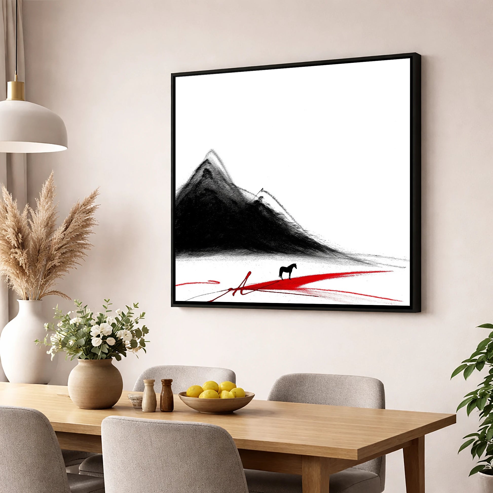 Crimson Path Silhouette horse landscape wall art displayed in a dining room
