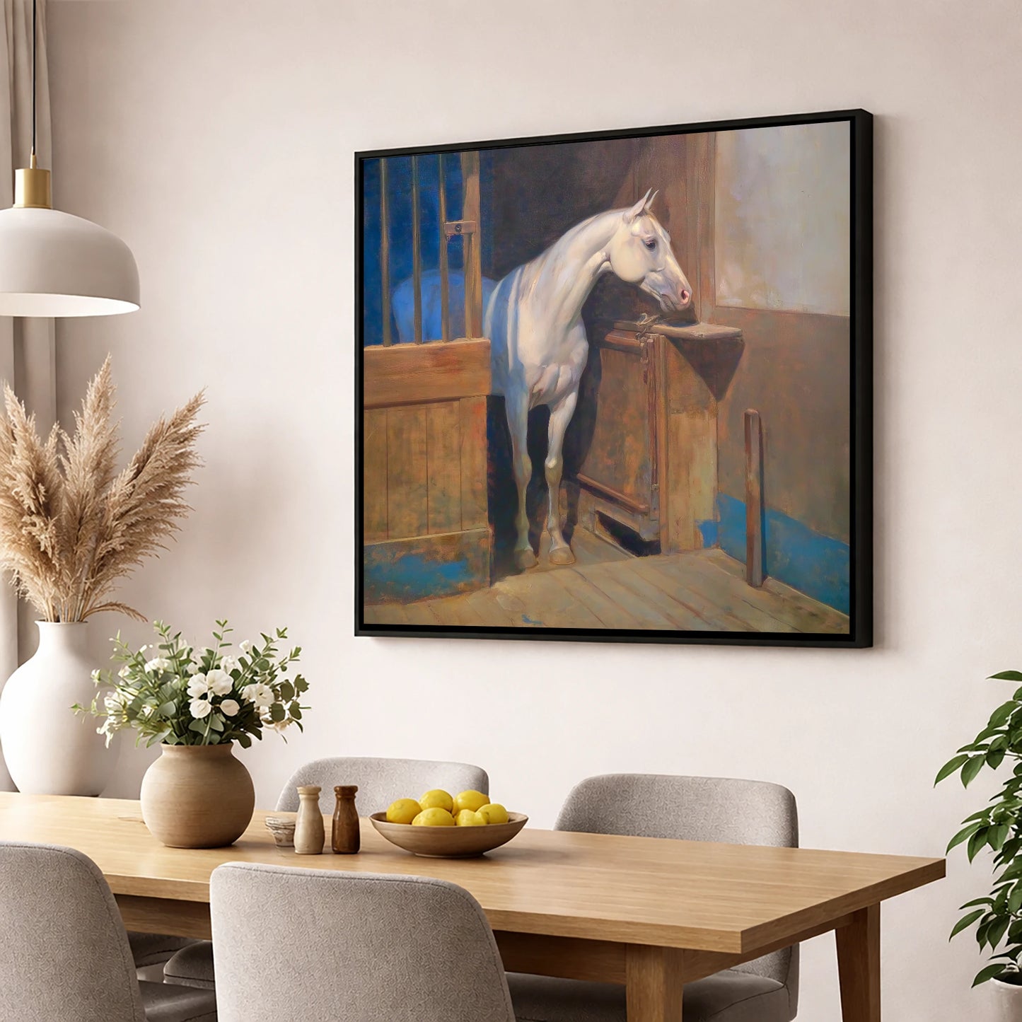Solitude in the Stall horse stable wall art displayed in a dining room