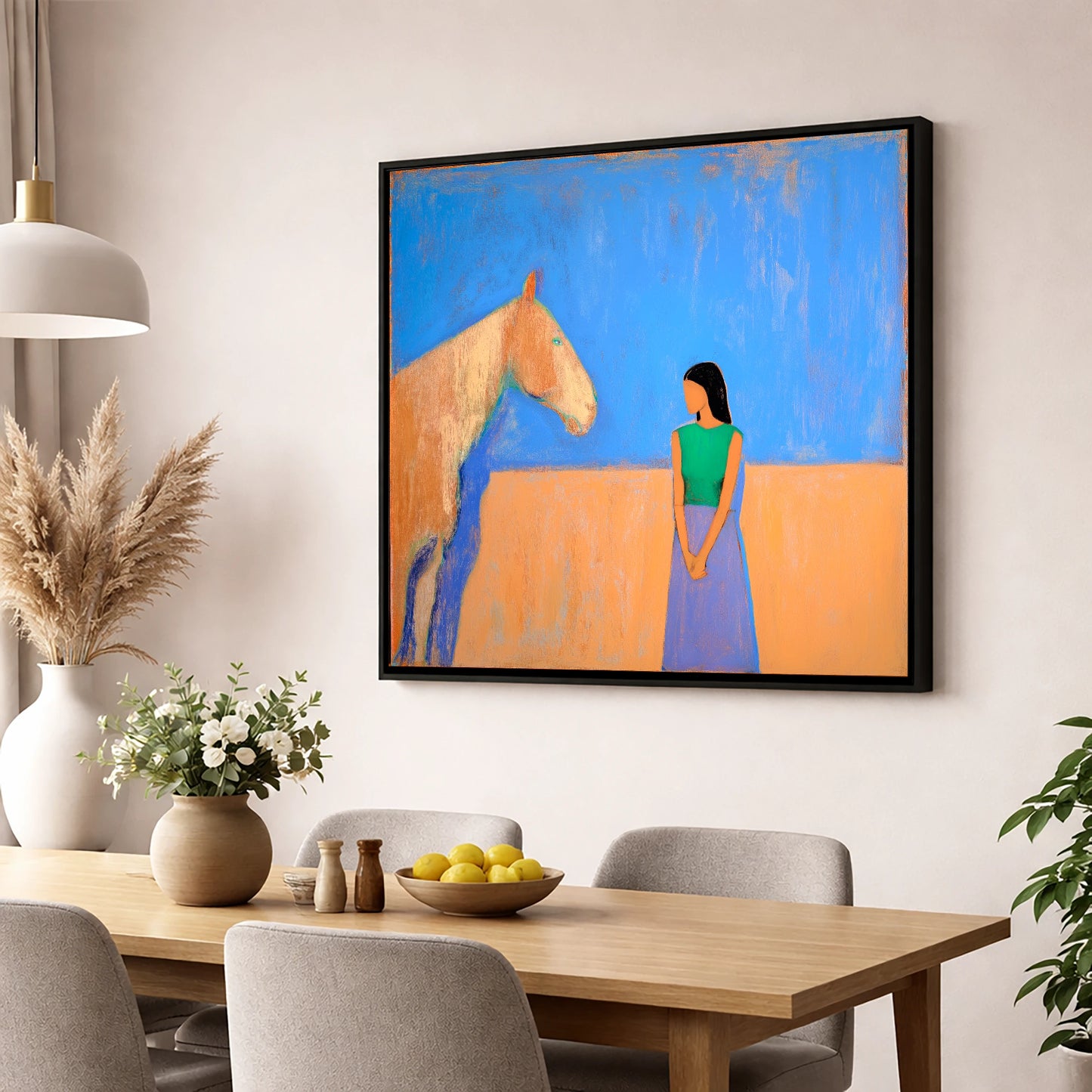 Silent Understanding horse & rider wall art displayed in a dining room