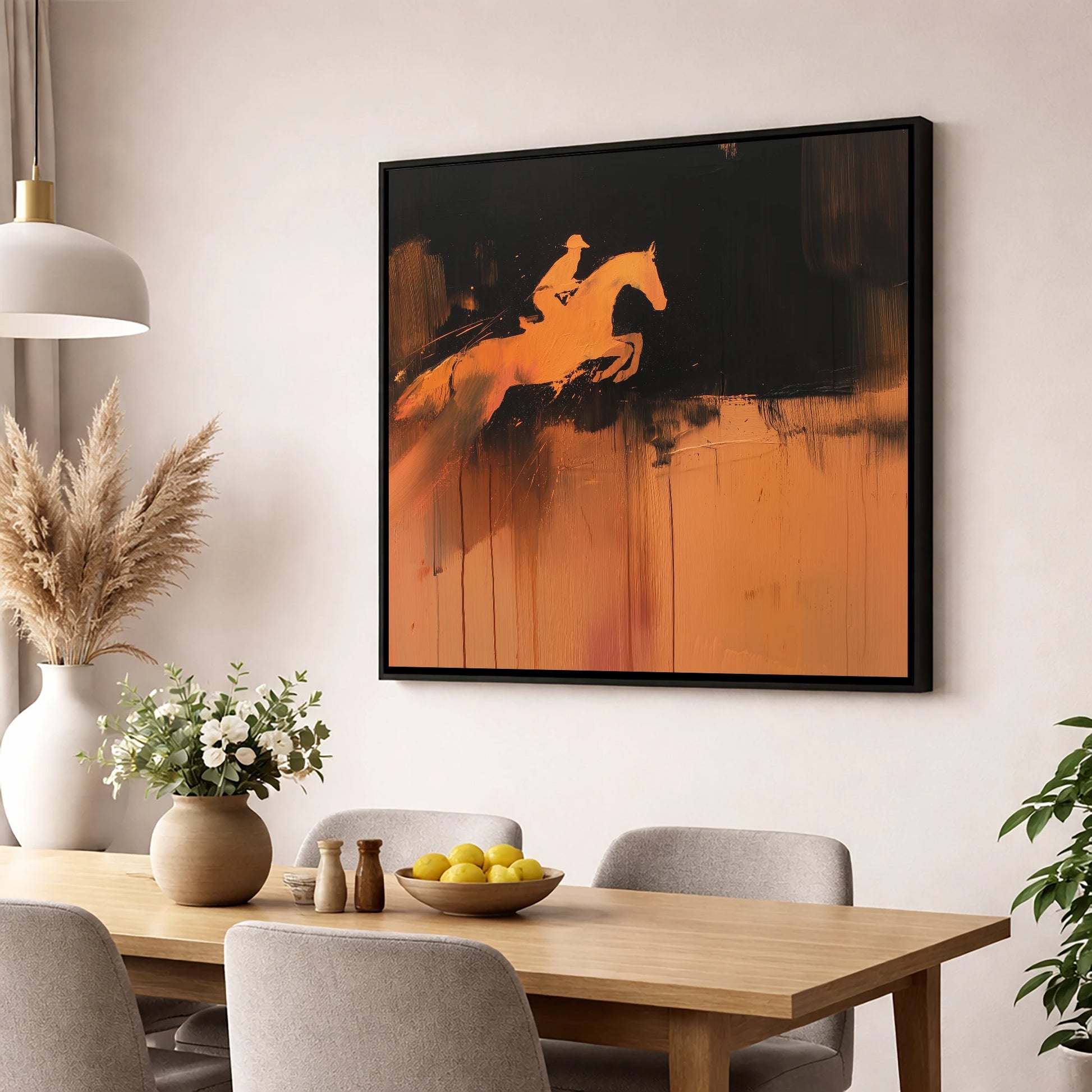 The Amber Leap show jumping horse wall art displayed in a dining room