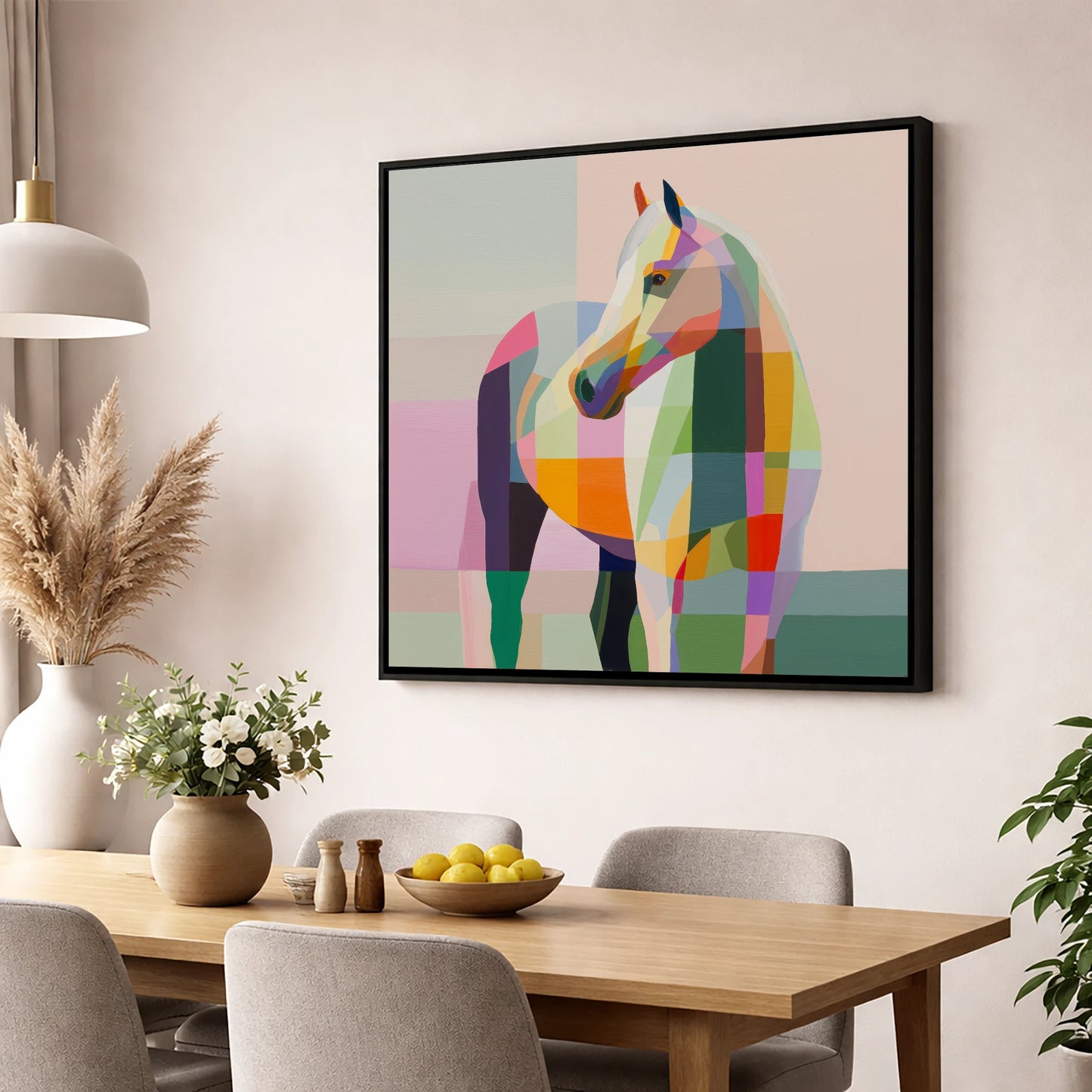 Vivid Equine Mosaic horse breed wall art displayed in a dining room