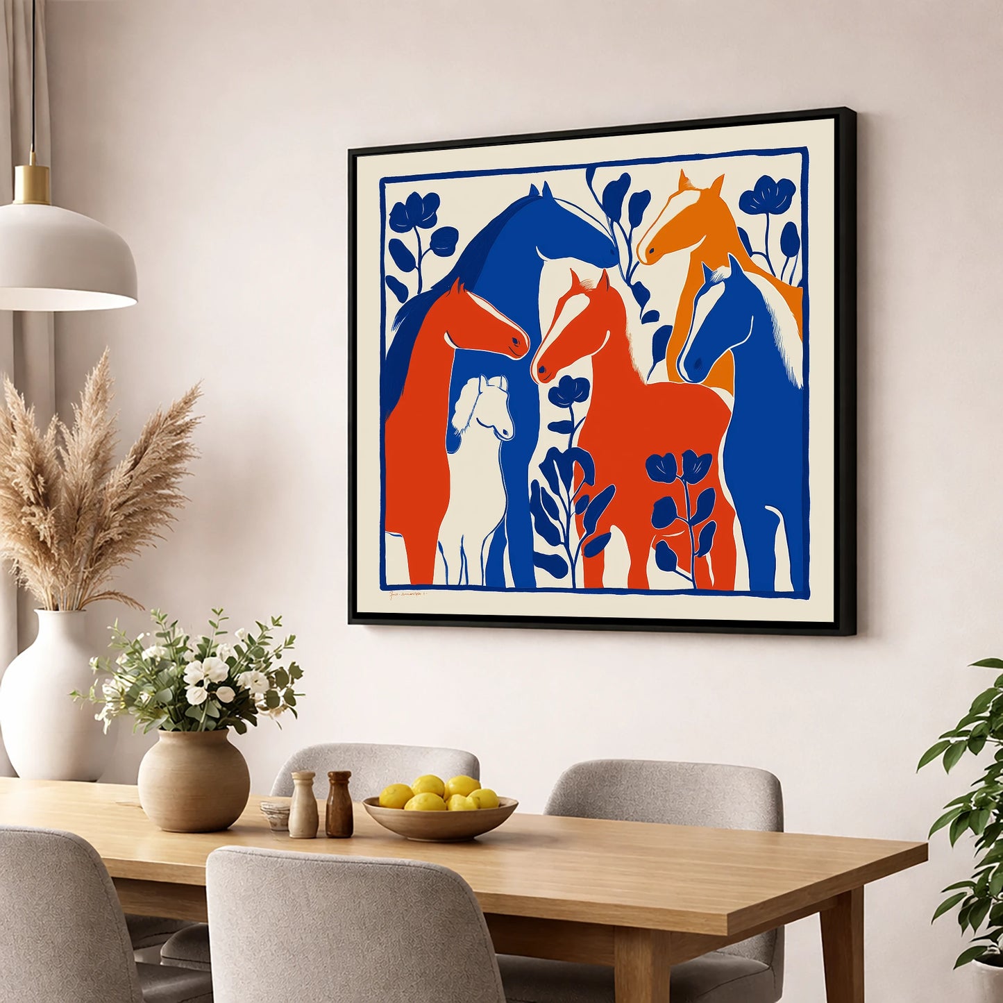 Vibrant Graphic Herd wild horses wall art displayed in a dining room