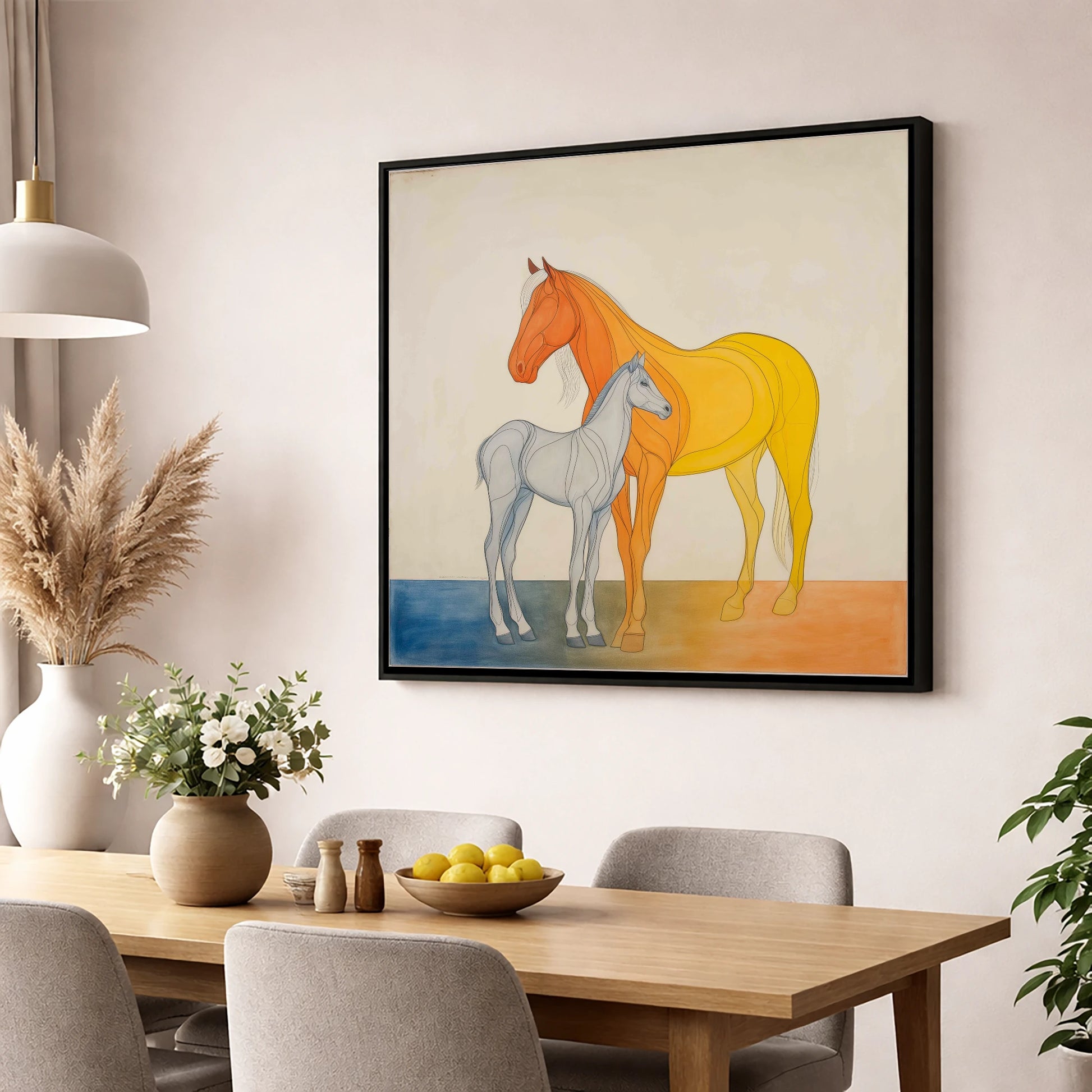 Radiant Lineage mare & foal wall art displayed in a dining room