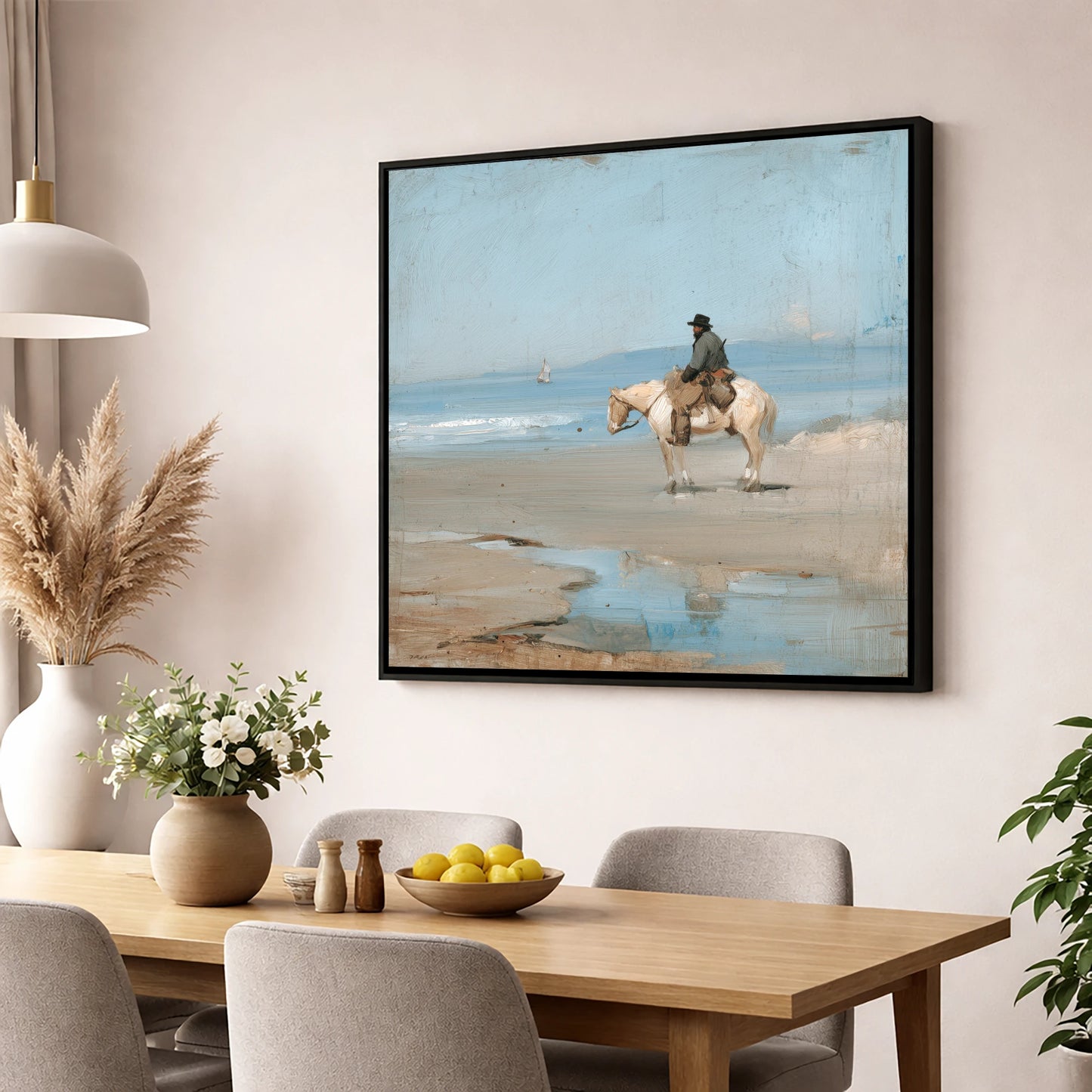 Coastal Hack at Low Tide horse landscape wall art displayed in a dining room