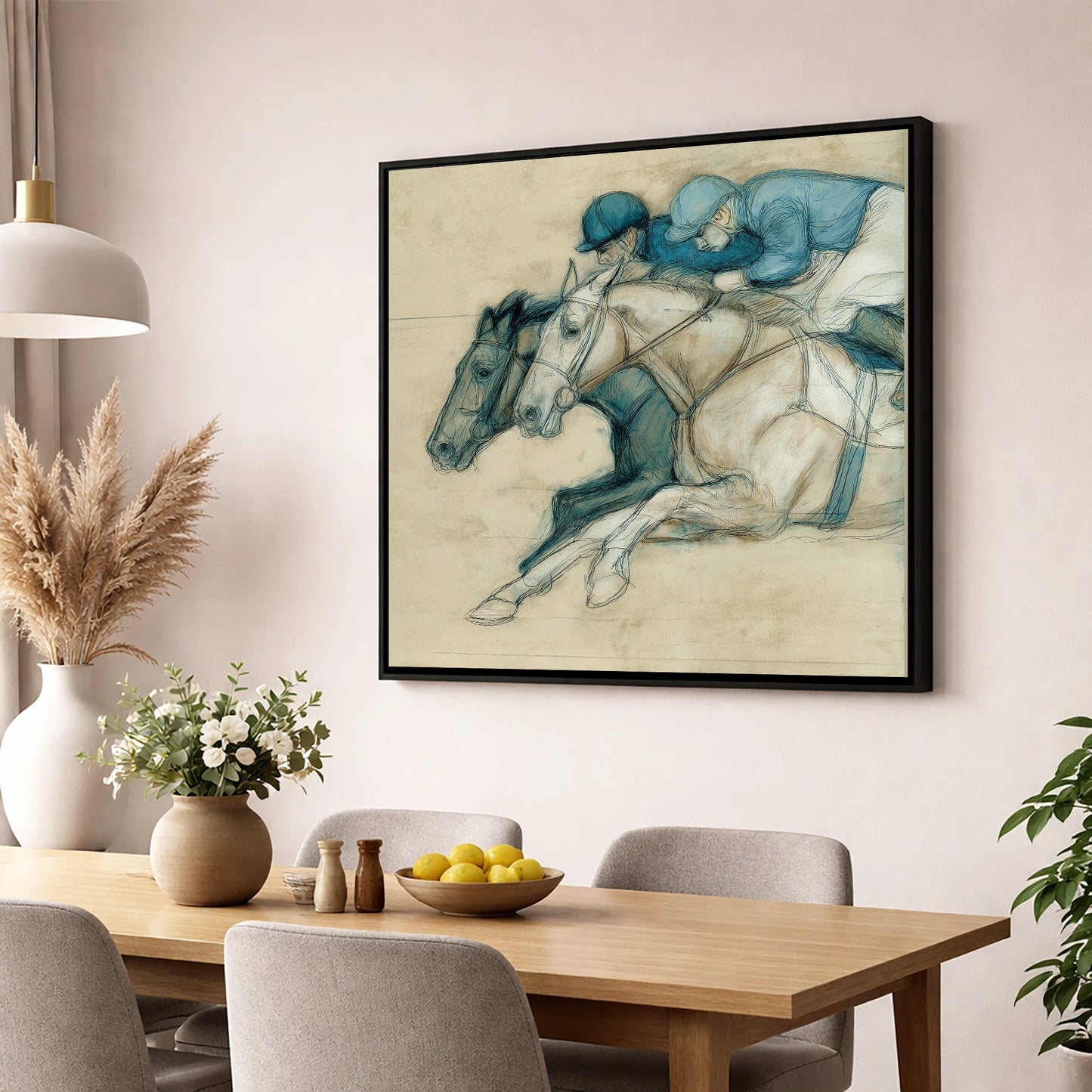 Neck and Neck racing horse wall art displayed in a dining room