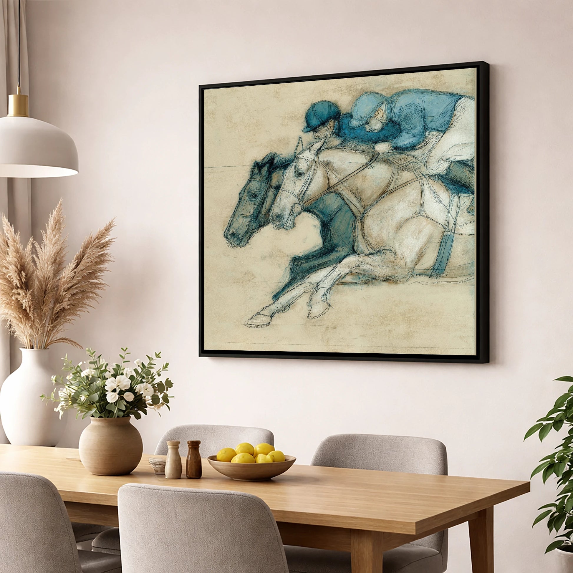 Neck and Neck racing horse wall art displayed in a dining room