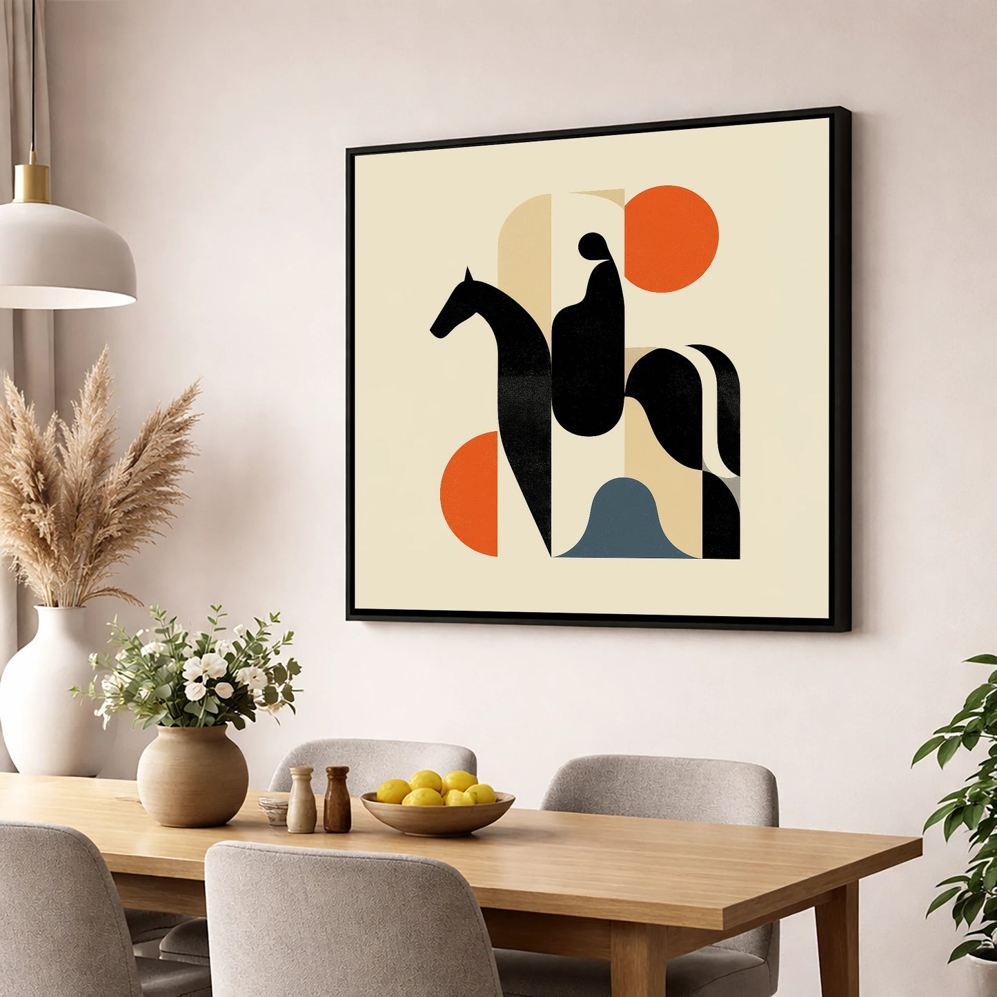 Mid-Century Silhouette horse & rider wall art displayed in a dining room