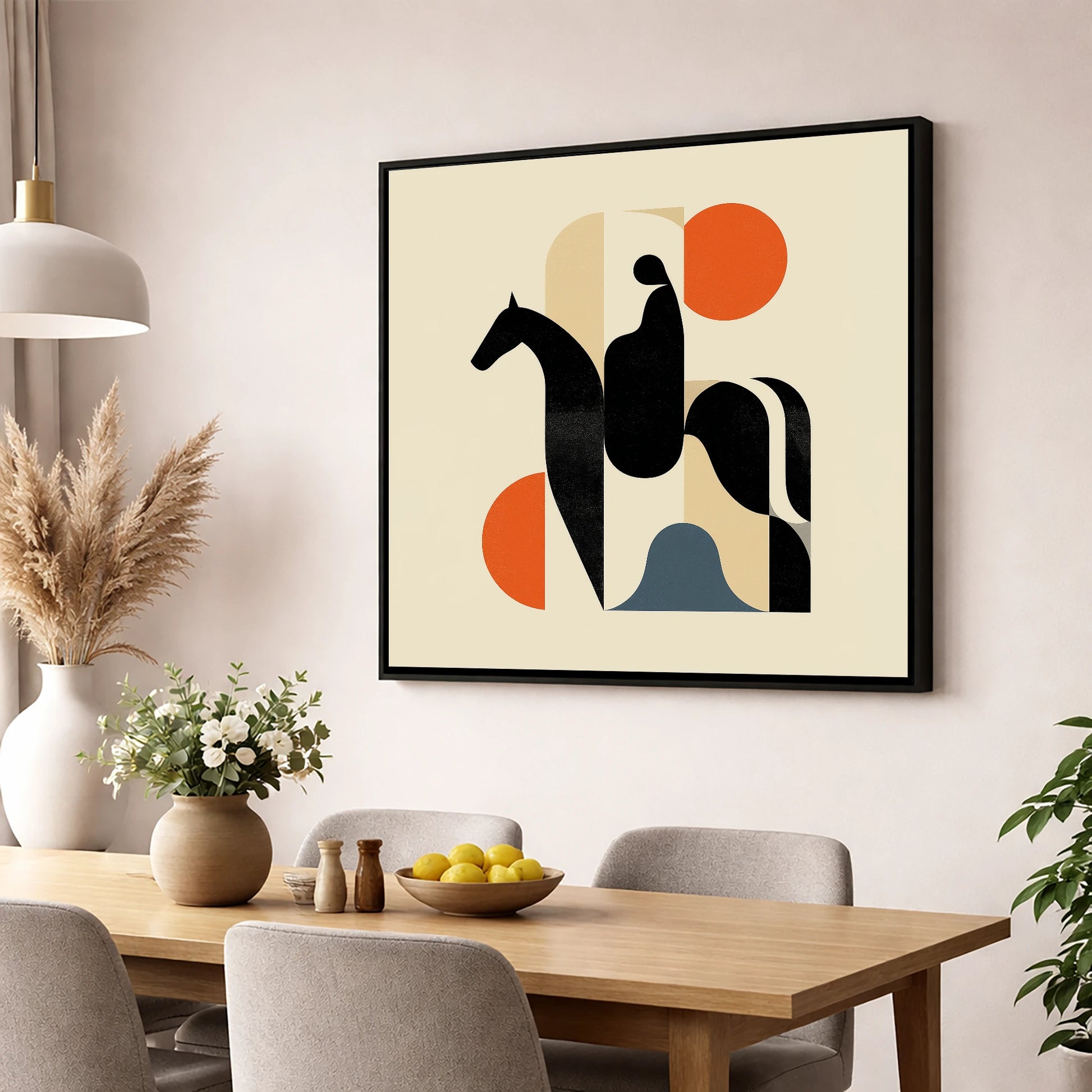 Mid-Century Silhouette horse & rider wall art displayed in a dining room
