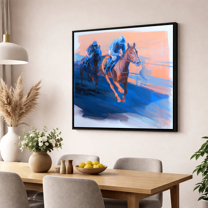 The Blue Furlong racing horse wall art displayed in a dining room