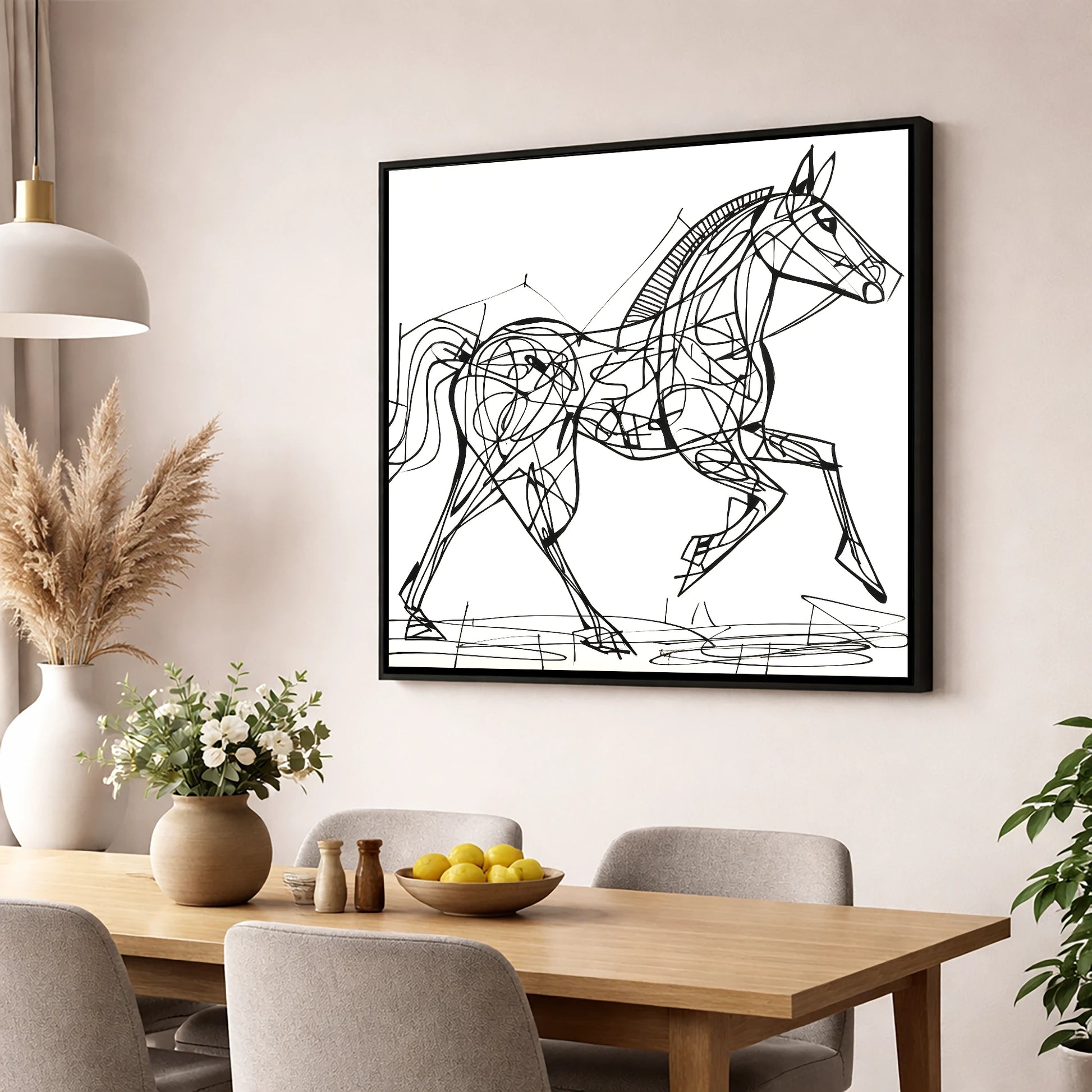 Structural Stride racing horse wall art displayed in a dining room