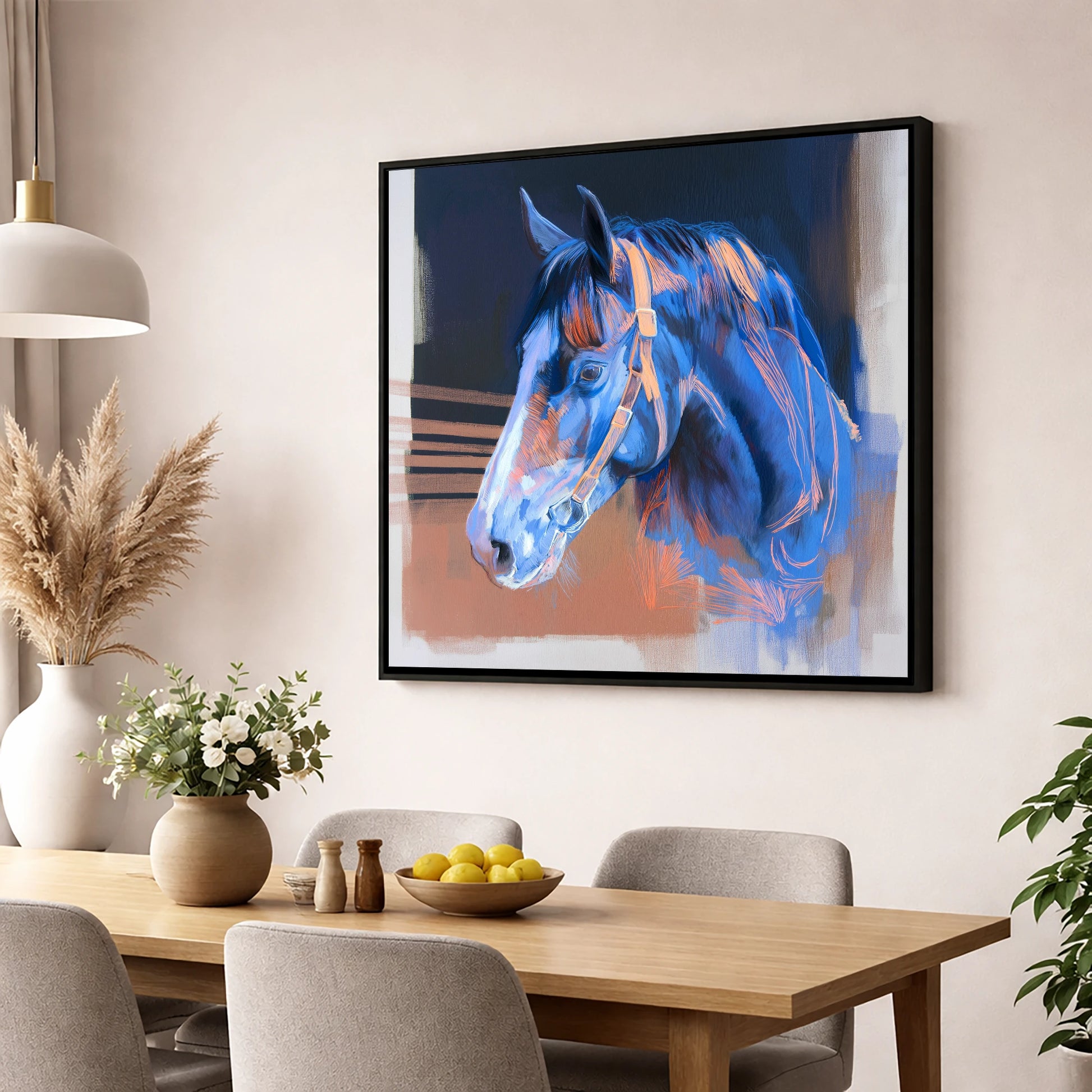 Serene Blue Profile horse portrait wall art displayed in a dining room