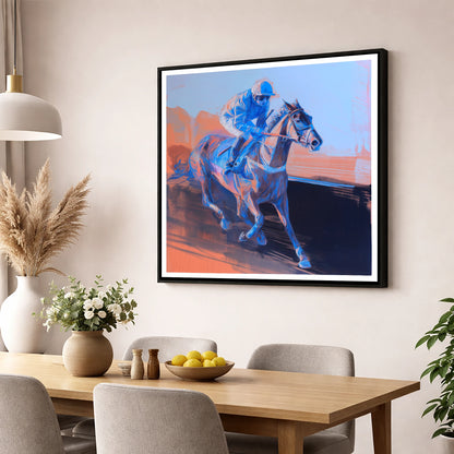 Indigo Stride racing horse wall art displayed in a dining room