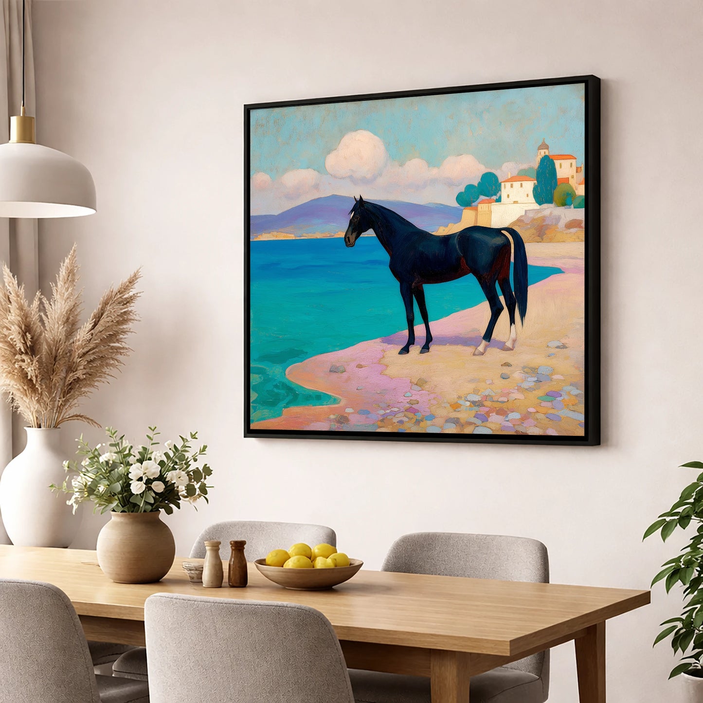Midnight on the Riviera horse landscape wall art displayed in a dining room