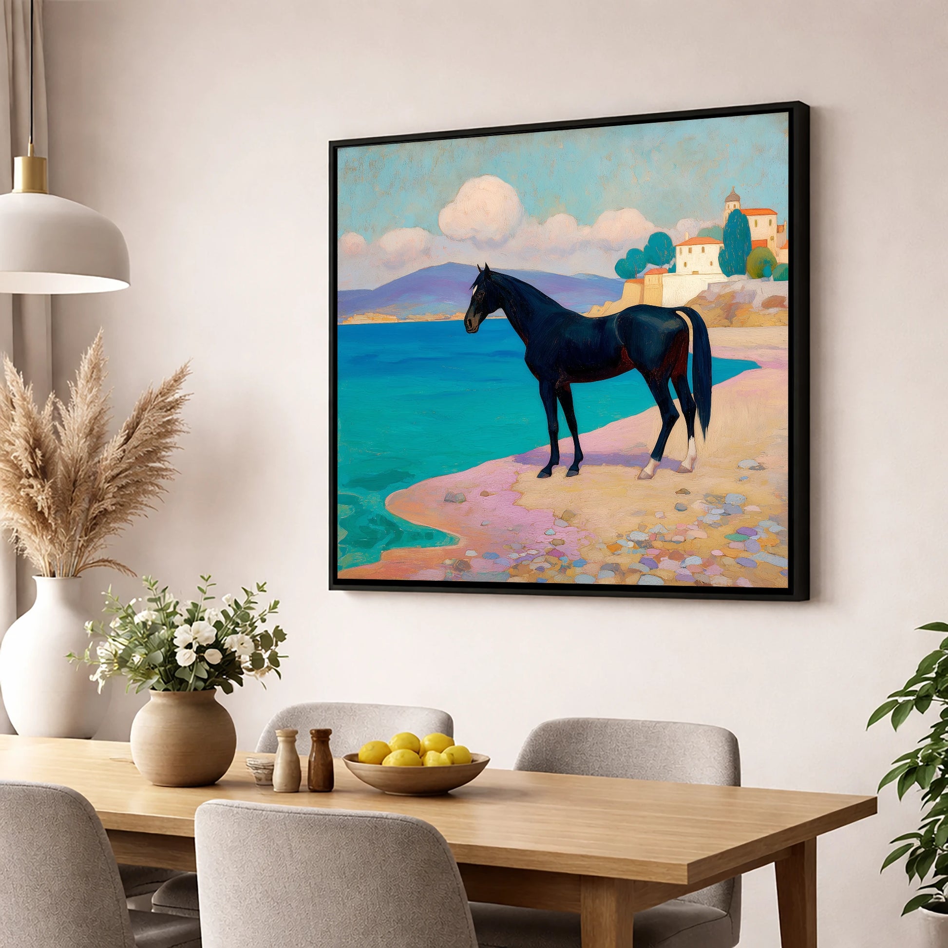 Midnight on the Riviera horse landscape wall art displayed in a dining room