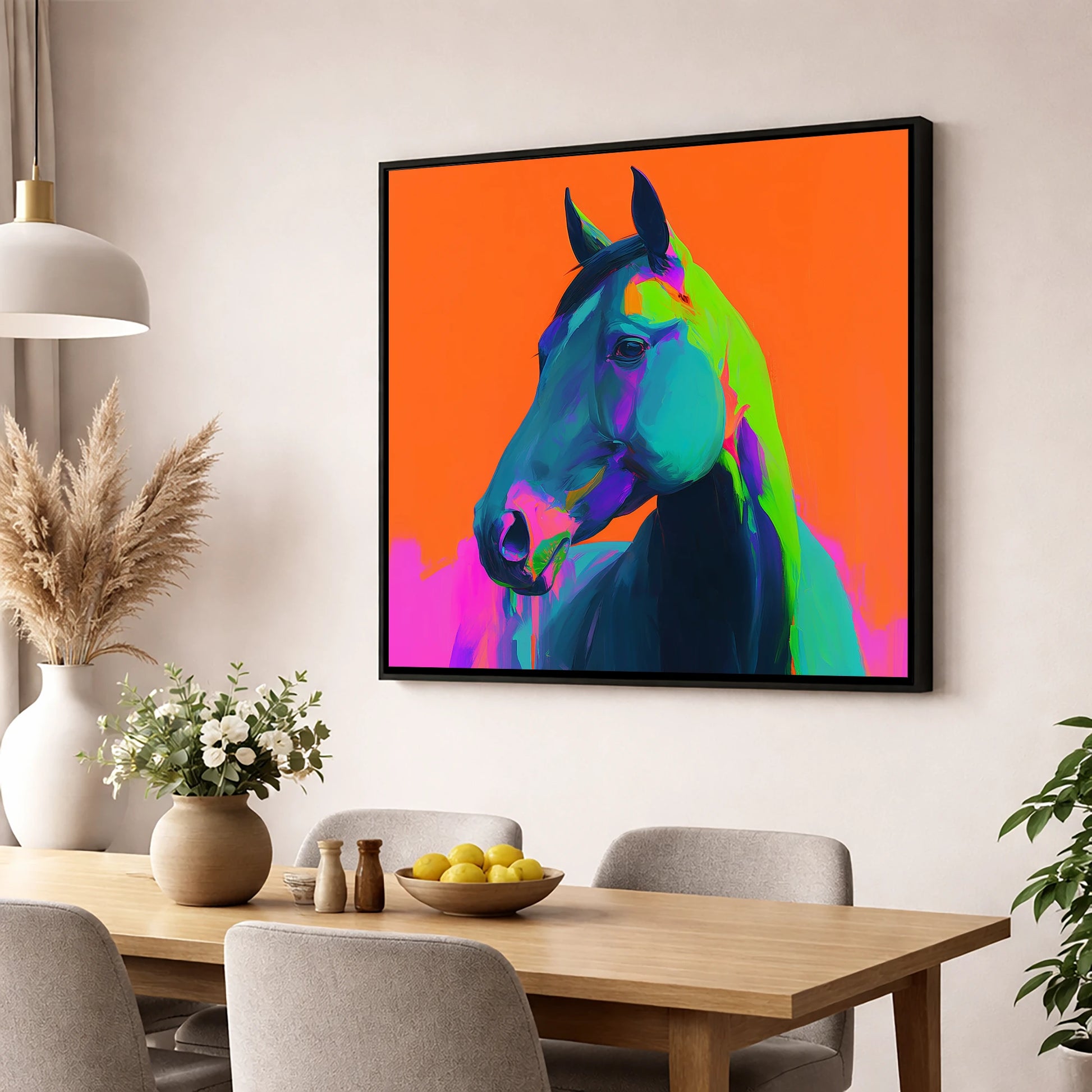 Electric Equine Spirit horse portrait wall art displayed in a dining room