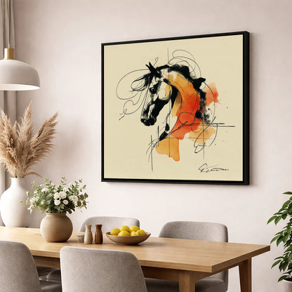 Spirit in Ink and Amber horse breed wall art displayed in a dining room