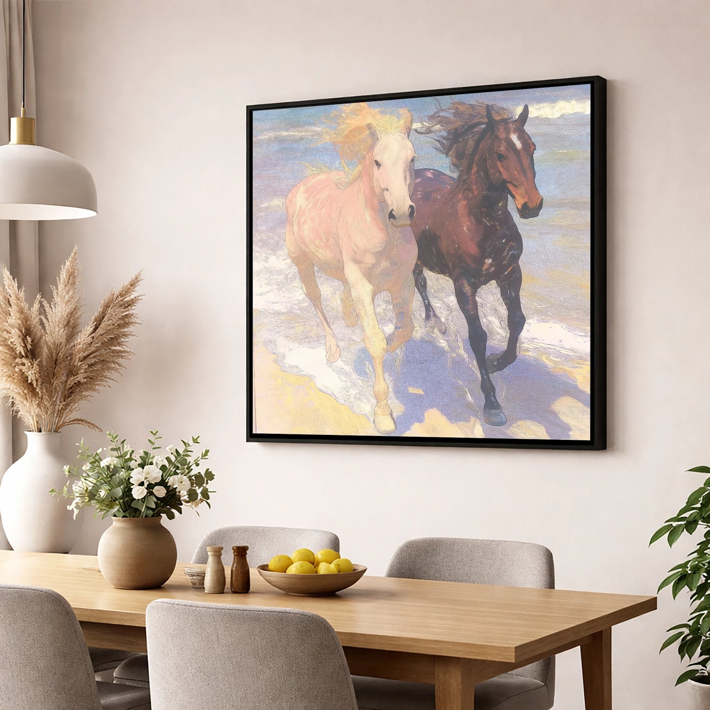 Ethereal Shoreline Canter horse landscape wall art displayed in a dining room