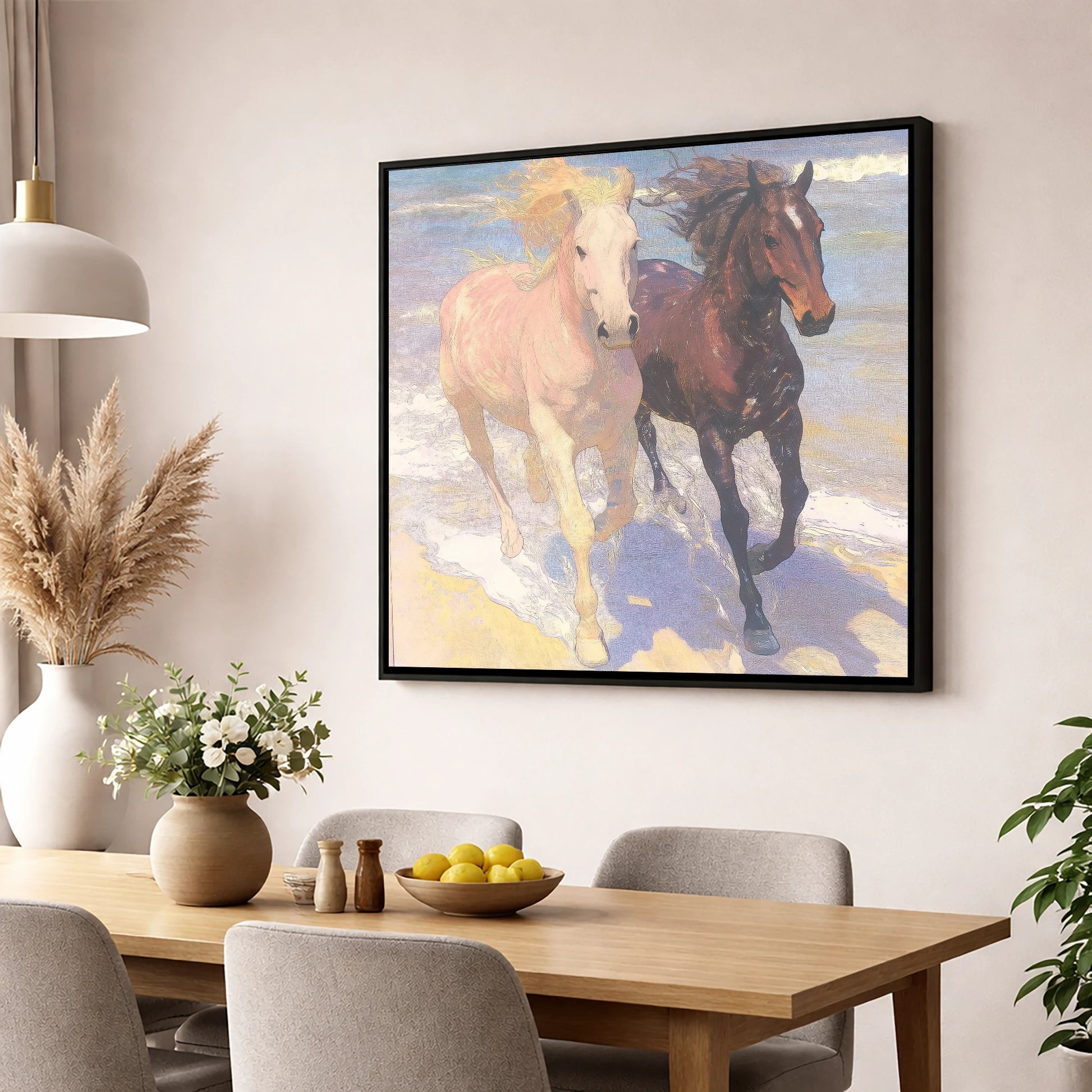 Ethereal Shoreline Canter horse landscape wall art displayed in a dining room