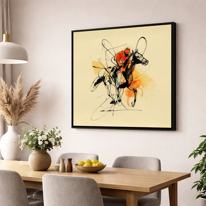 Velocity in Amber racing horse wall art displayed in a dining room