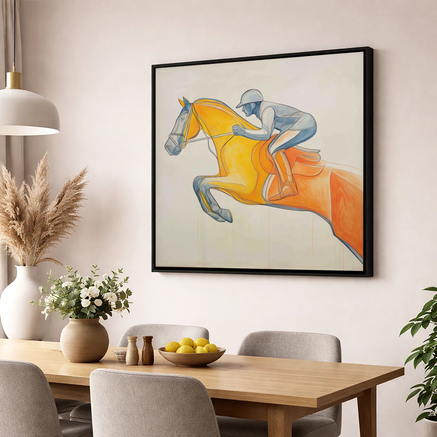 The Amber Arc show jumping horse wall art displayed in a dining room