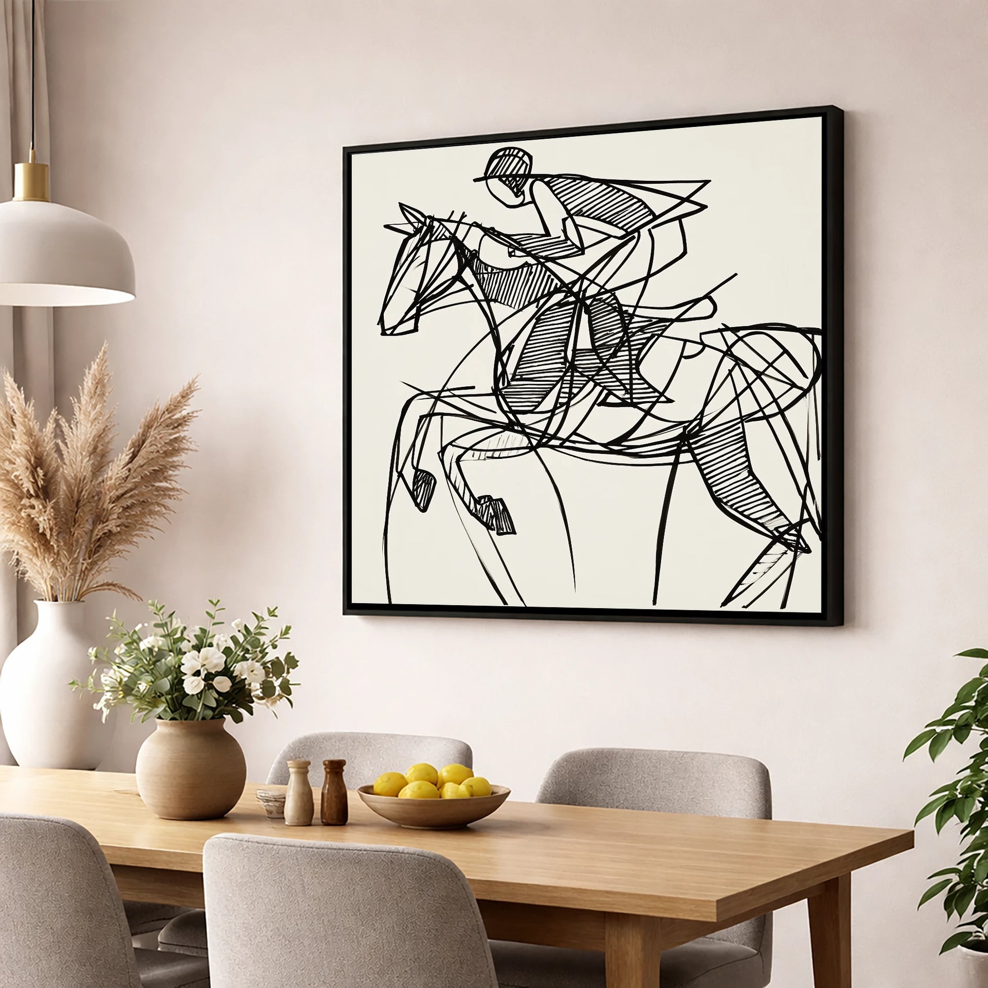 Dynamic Line Jumper show jumping horse wall art displayed in a dining room