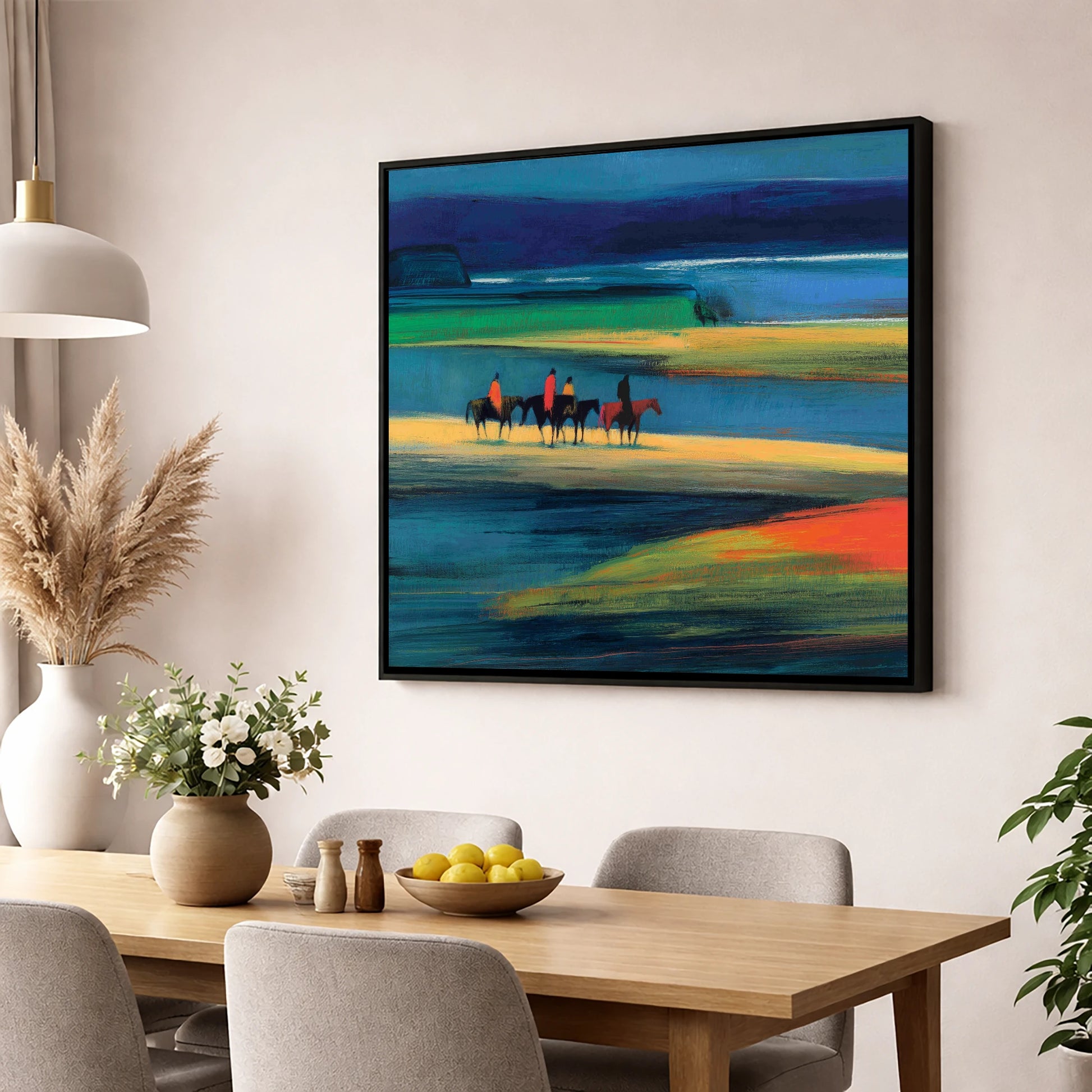 Riders on the Painted Tide horse landscape wall art displayed in a dining room