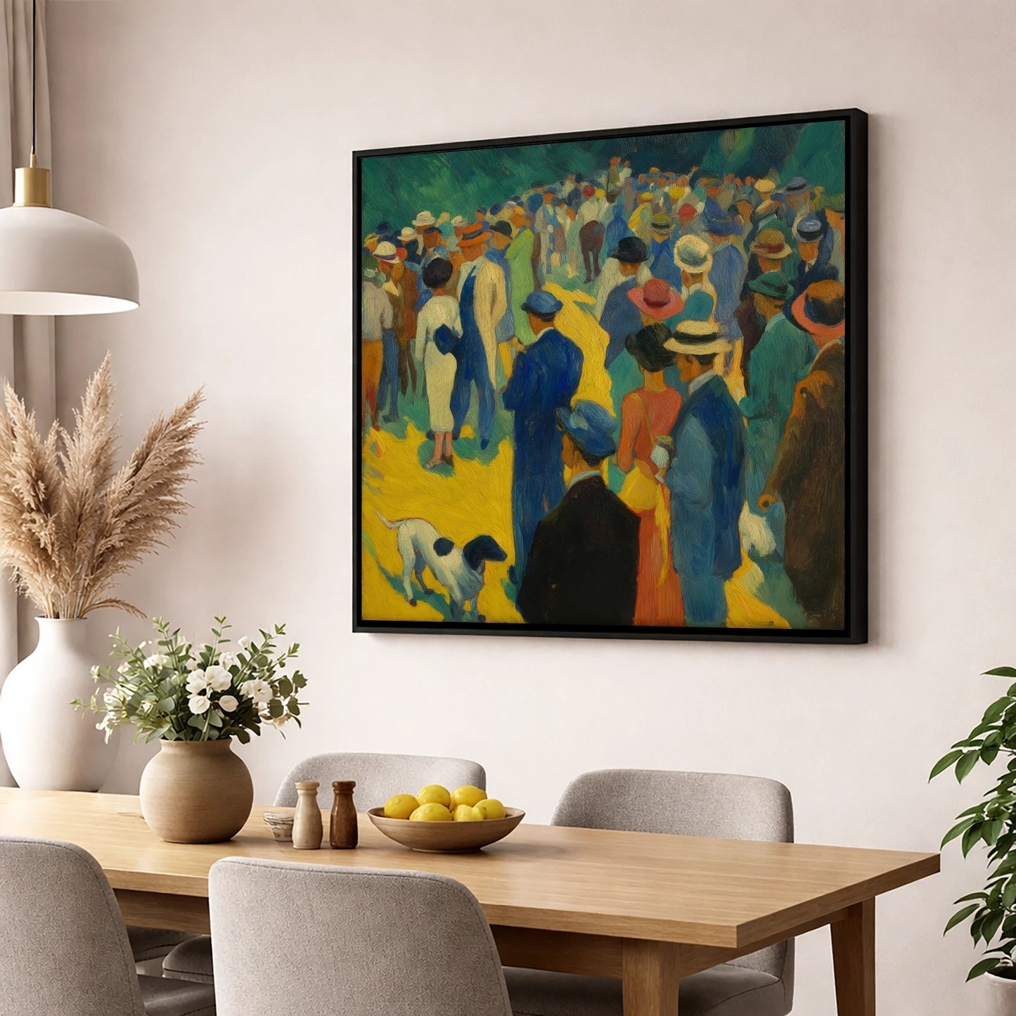 Race Day Spectacle racing horse wall art displayed in a dining room
