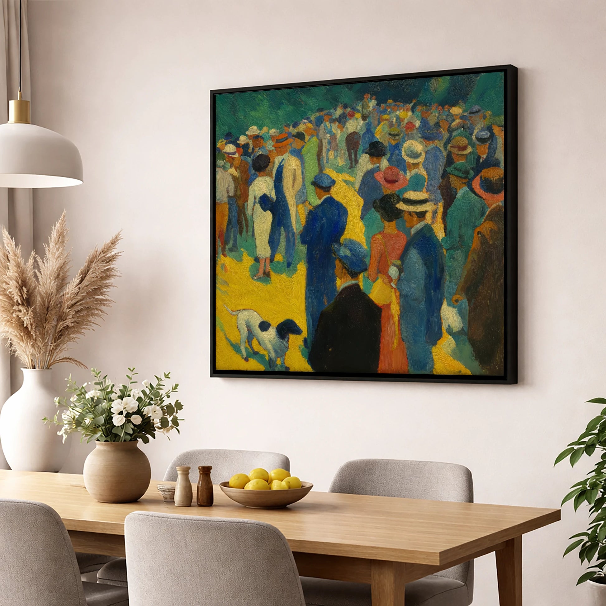 Race Day Spectacle racing horse wall art displayed in a dining room