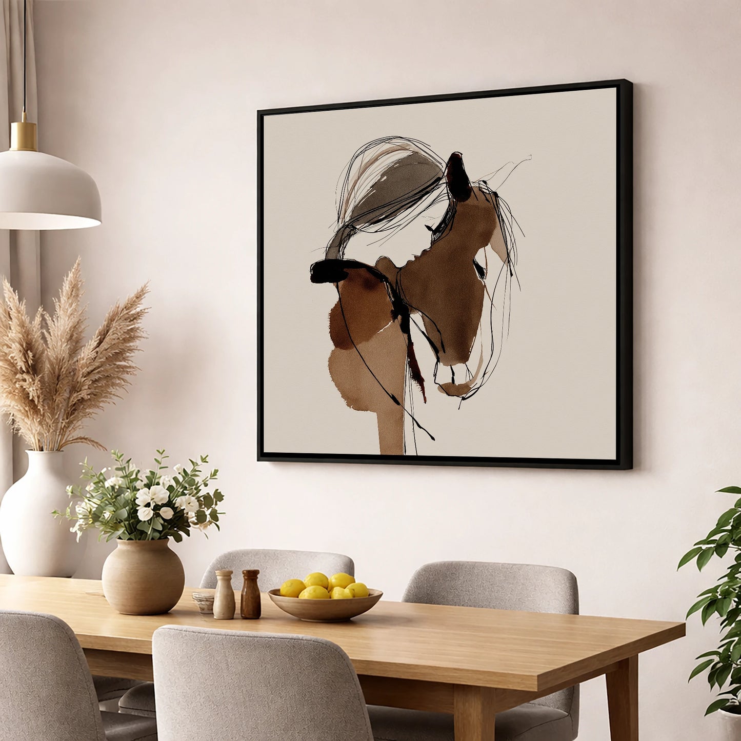 Silent Communion horse & rider wall art displayed in a dining room