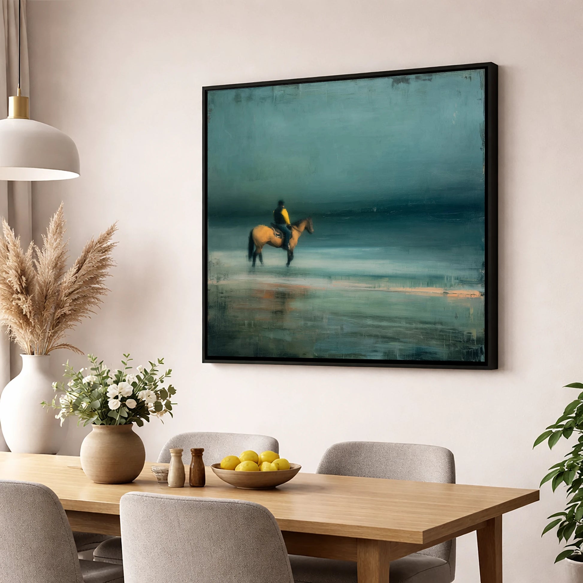 Teal Tide Rider beach horse wall art displayed in a dining room