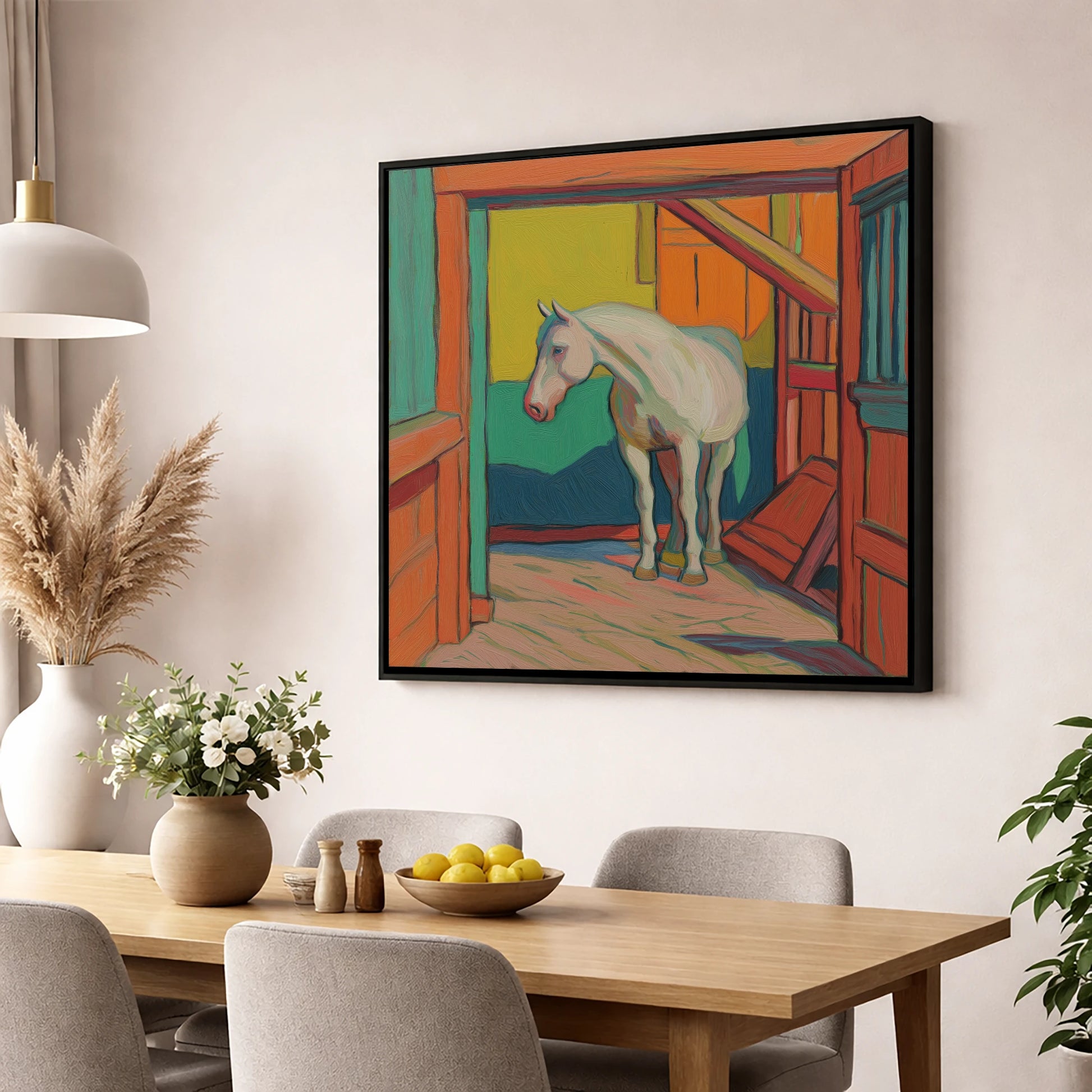 The Vibrant Stable horse stable wall art displayed in a dining room