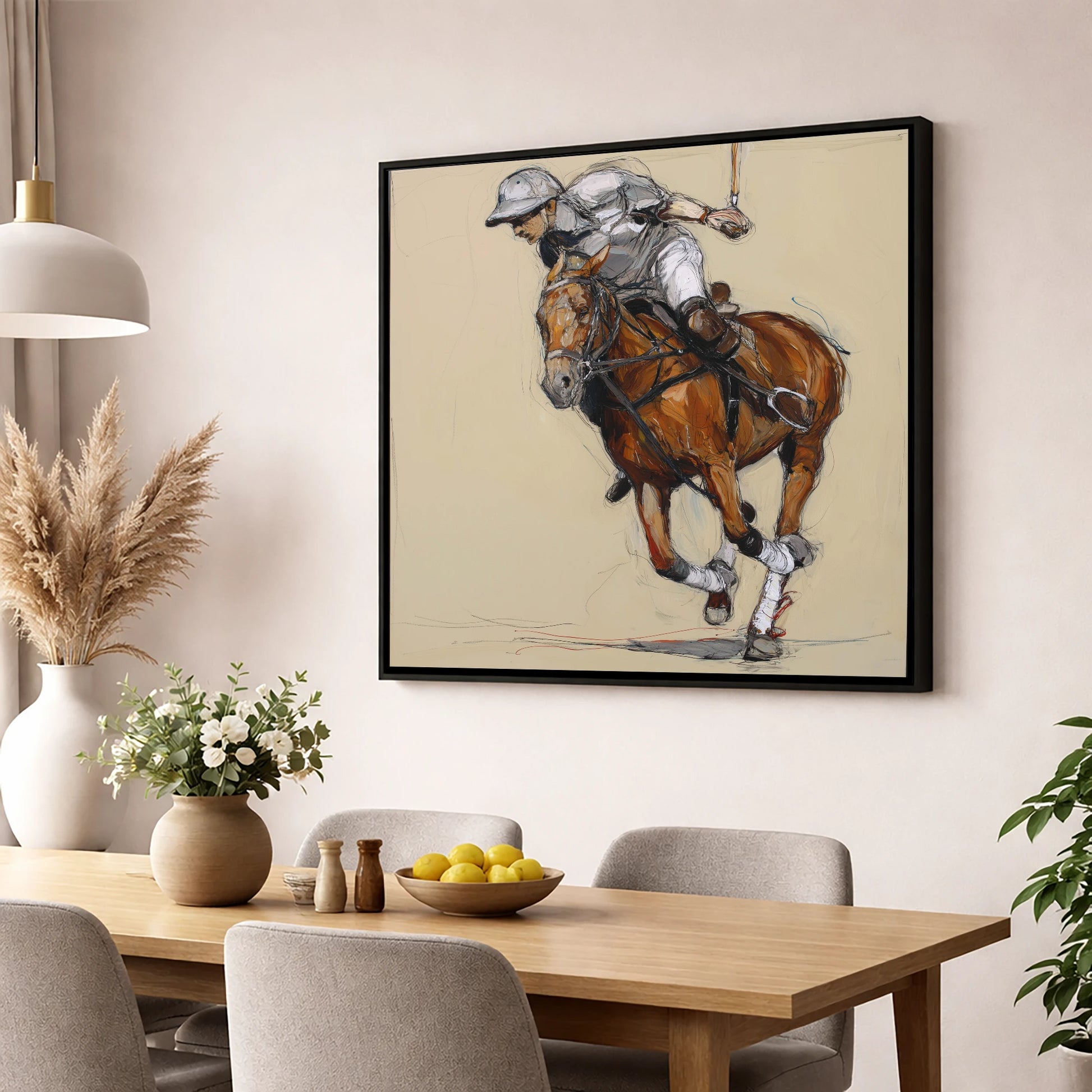 The Decisive Chukka polo horse wall art displayed in a dining room