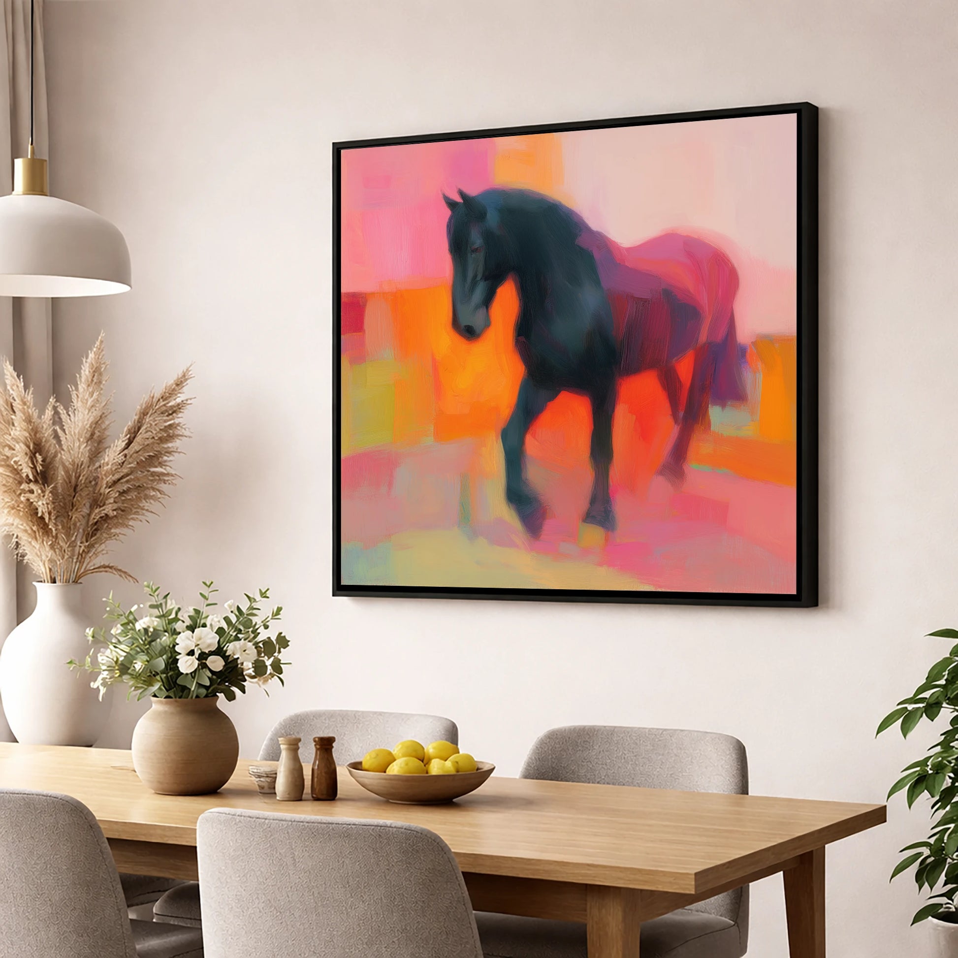 Charcoal and Coral Stride horse breed wall art displayed in a dining room
