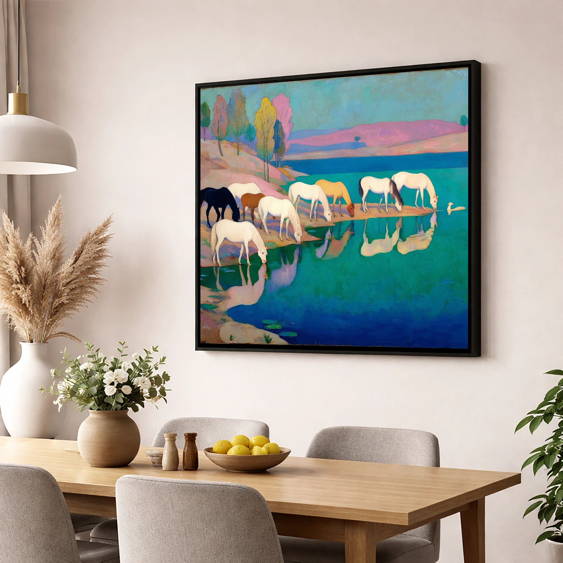 Reflections at Turquoise Waters wild horses wall art displayed in a dining room