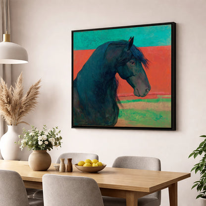 Crimson Horizon Friesian horse breed wall art displayed in a dining room