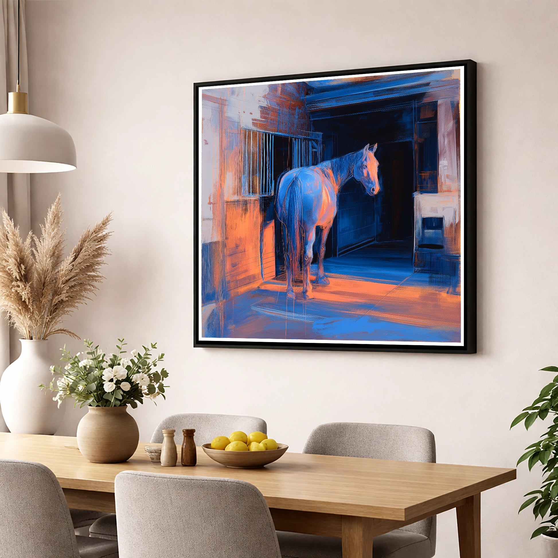 Quiet Light in the Yard horse stable wall art displayed in a dining room