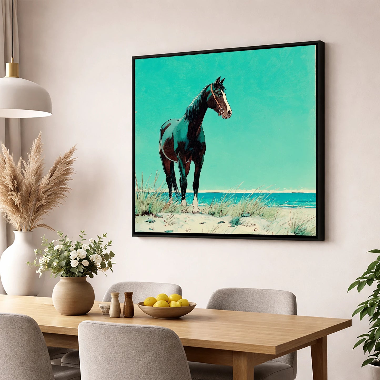 Teal Coastal Vigil horse landscape wall art displayed in a dining room