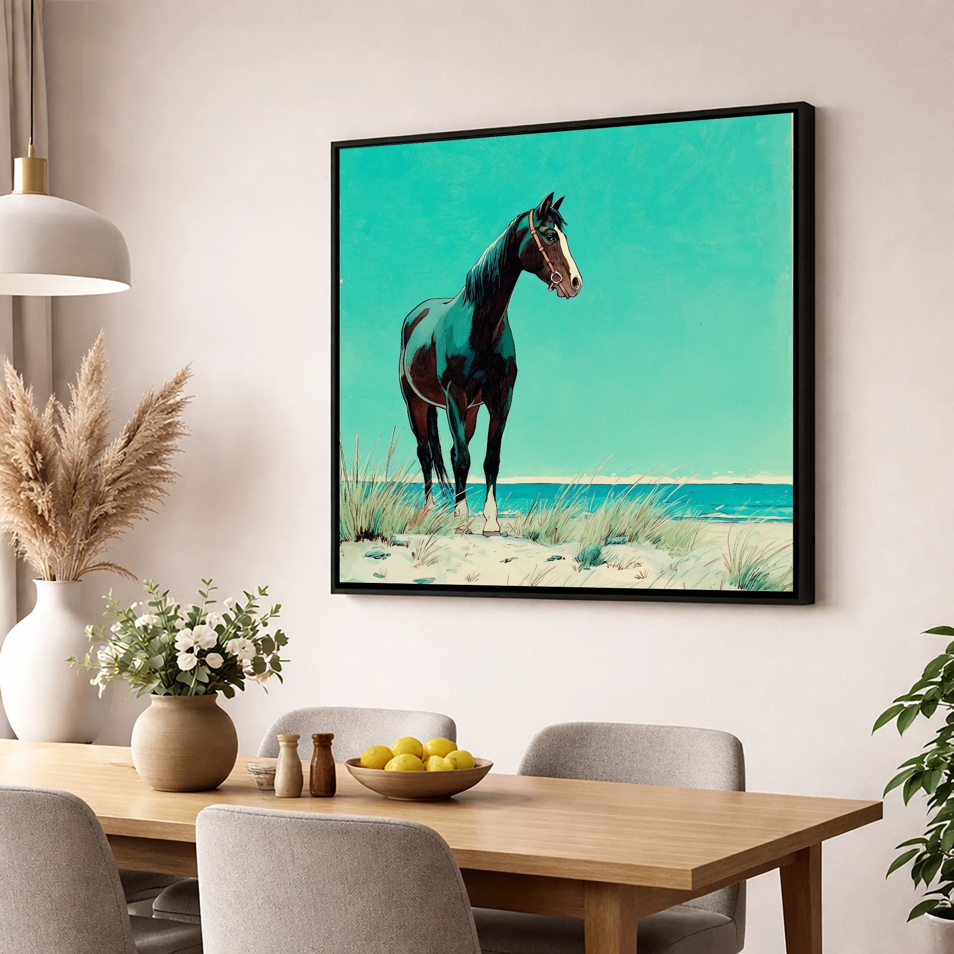 Teal Coastal Vigil horse landscape wall art displayed in a dining room