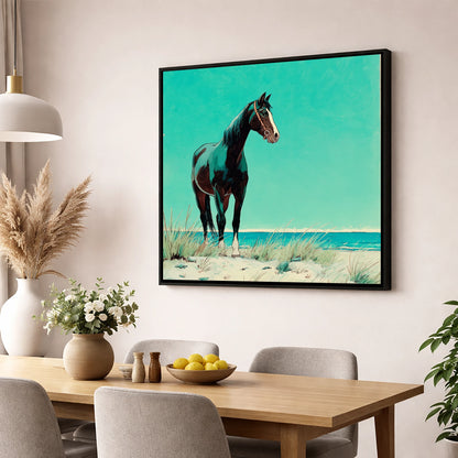 Teal Coastal Vigil horse landscape wall art displayed in a dining room
