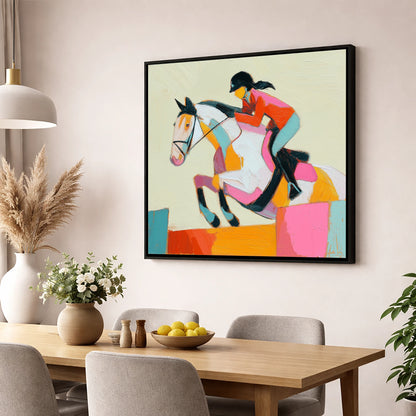 Painted Flight show jumping horse wall art displayed in a dining room