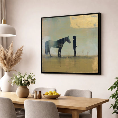 Silent Communion horse & rider wall art displayed in a dining room