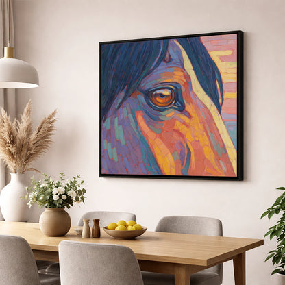 The Vivid Gaze horse portrait wall art displayed in a dining room