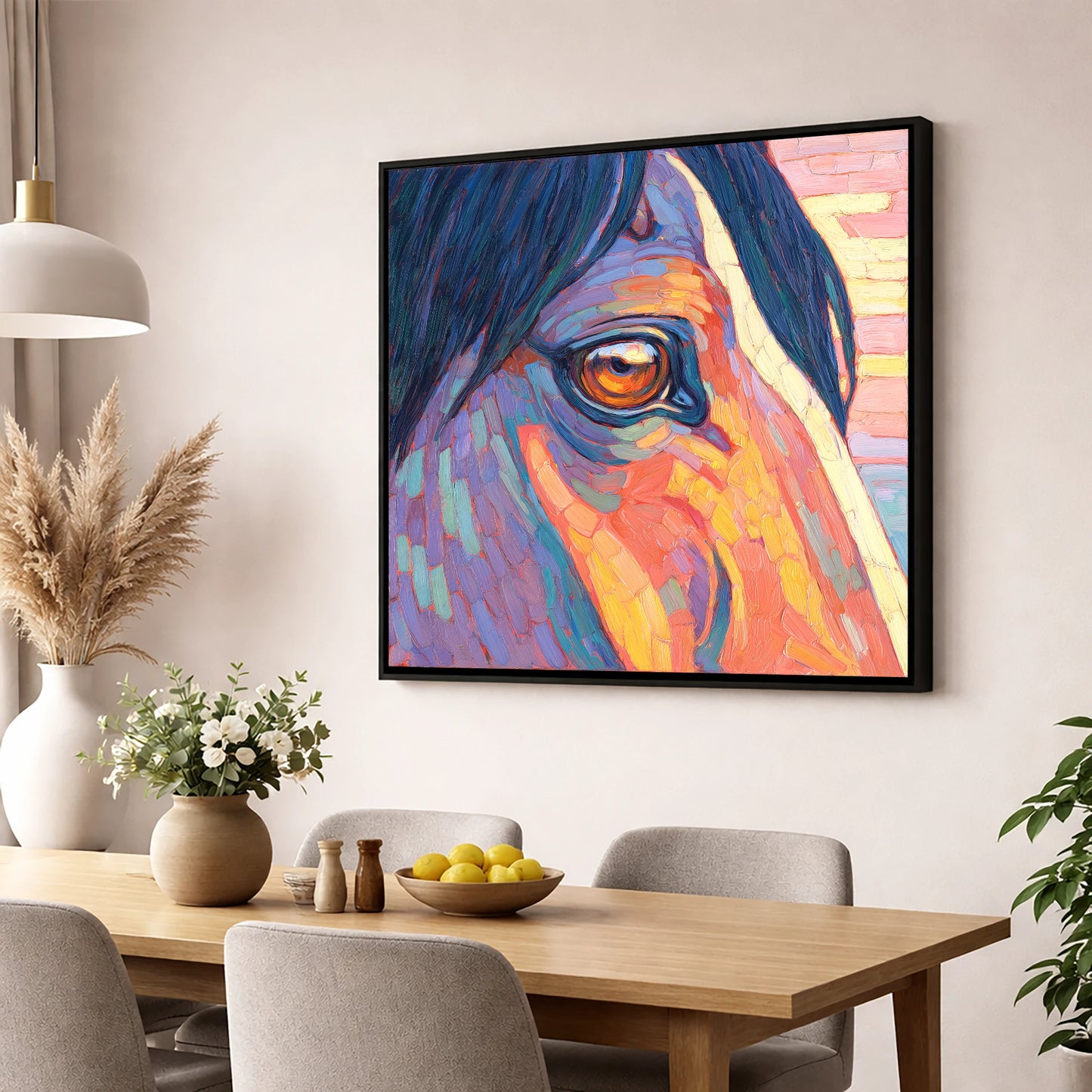 The Vivid Gaze horse portrait wall art displayed in a dining room