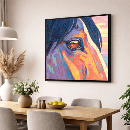 The Vivid Gaze horse portrait wall art displayed in a dining room
