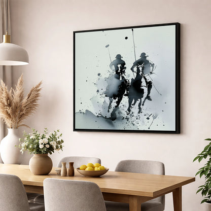 Thundering Polo Pursuit polo horse wall art displayed in a dining room