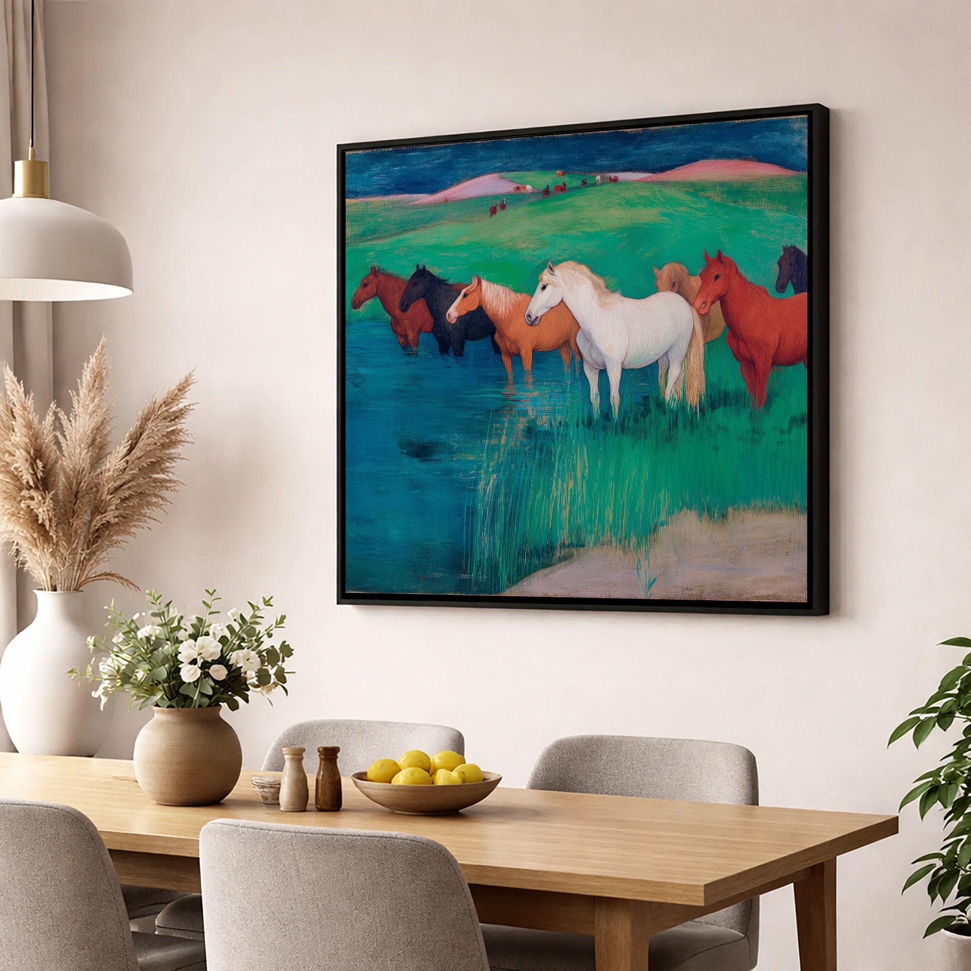 The Emerald Shallows wild horses wall art displayed in a dining room