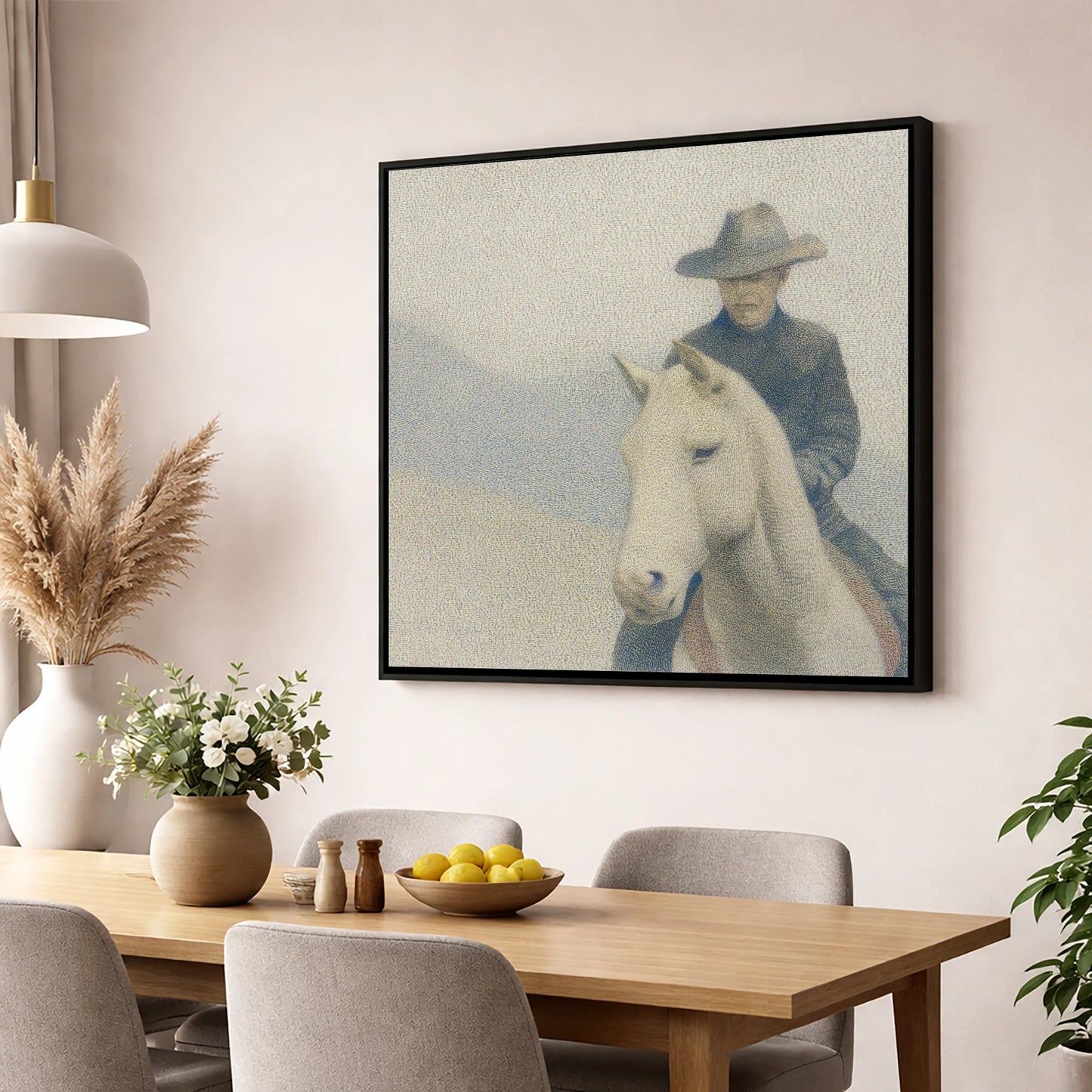 The Quiet Trail western horse wall art displayed in a dining room