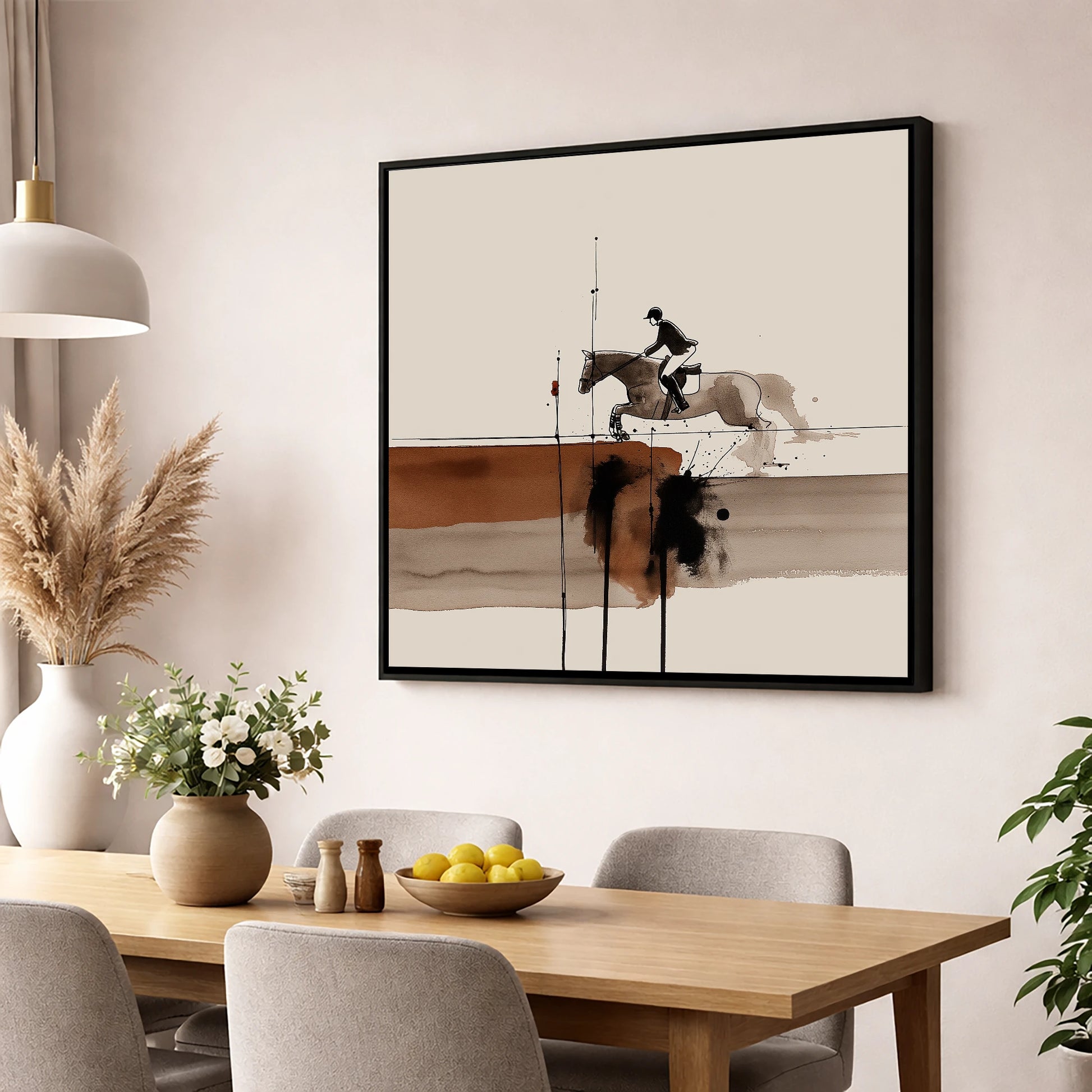 Airborne in Sepia show jumping horse wall art displayed in a dining room