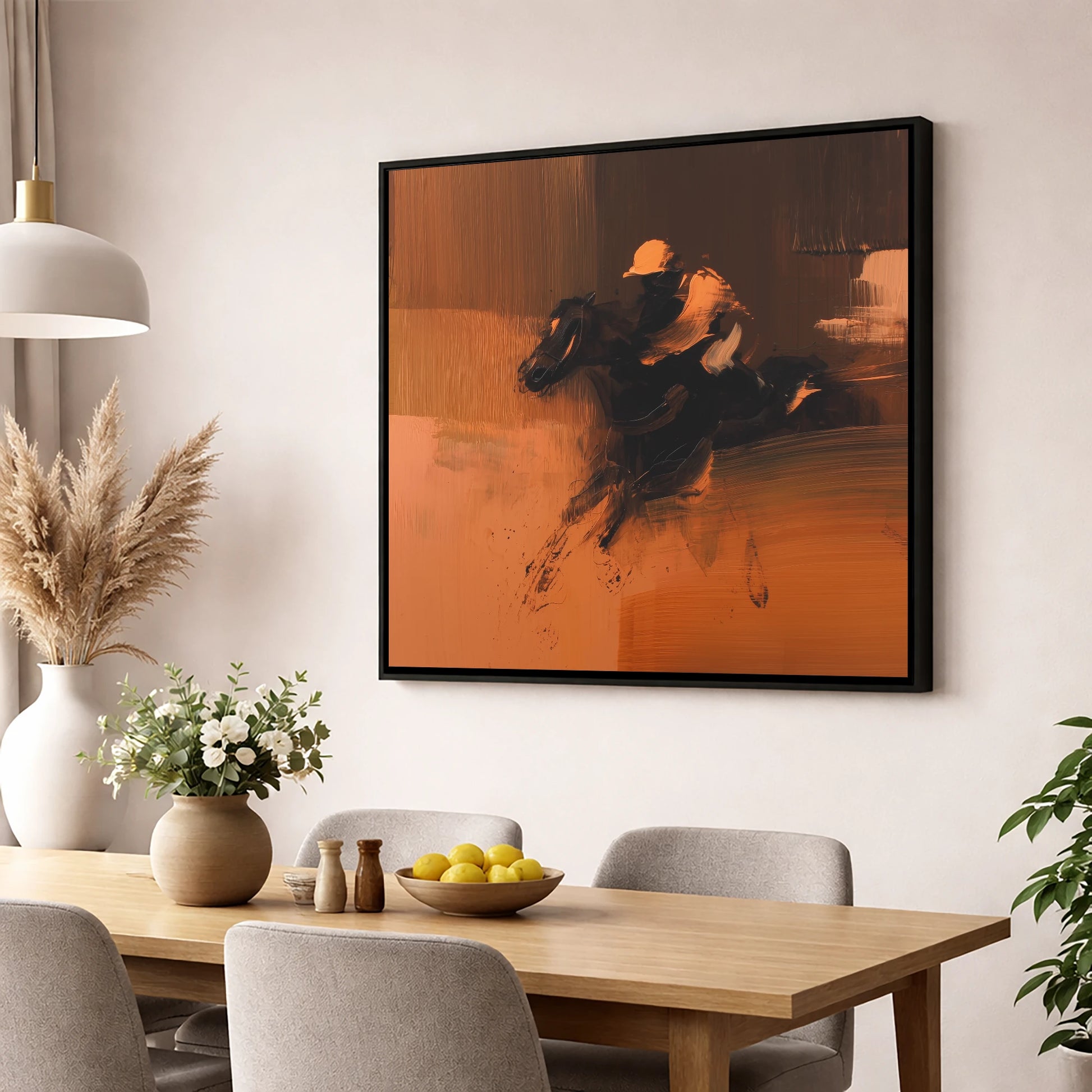 Amber Rush racing horse wall art displayed in a dining room